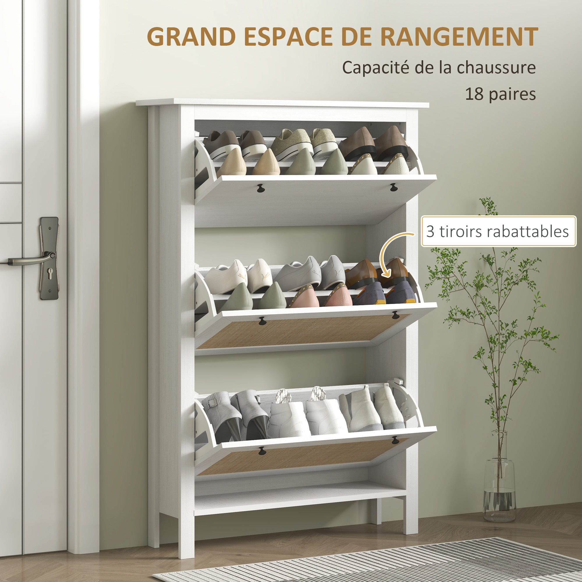 Entryway Shoe Storage Cabinet with 3 Drawers, Cane Rattan Effect Foldable Doors, Adjustable Shelf, Entrance and Hallway Shoe Organizer for 18 Pairs - 80 x 23.5 x 121.5 cm White