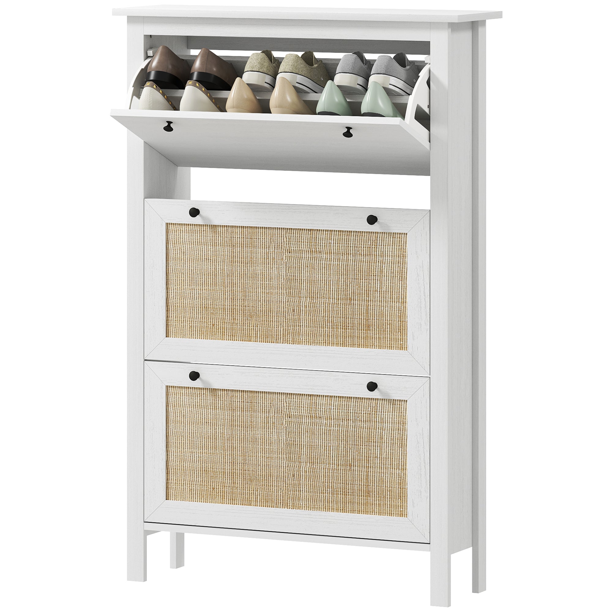 Entryway Shoe Storage Cabinet with 3 Drawers, Cane Rattan Effect Foldable Doors, Adjustable Shelf, Entrance and Hallway Shoe Organizer for 18 Pairs - 80 x 23.5 x 121.5 cm White