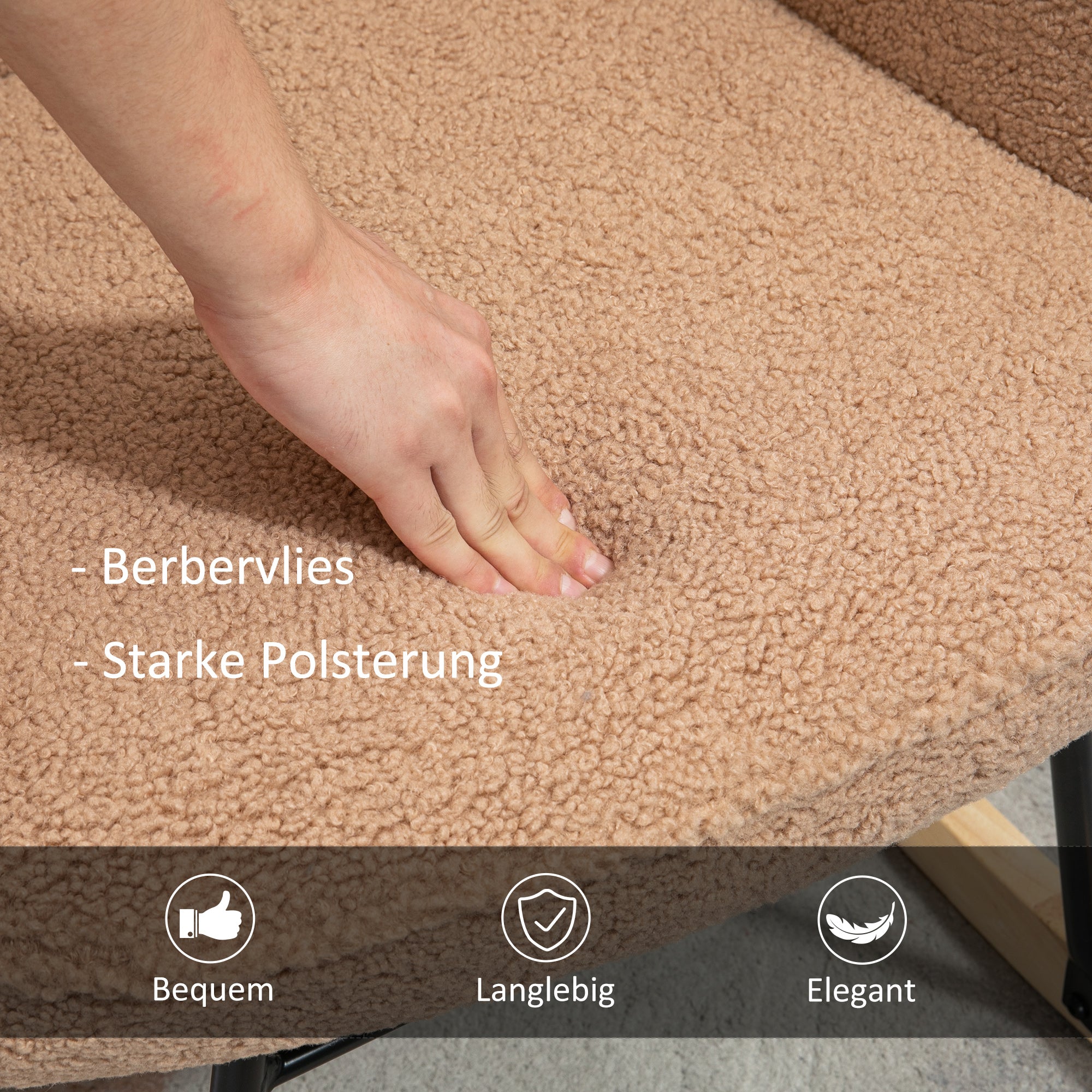 Schaukelstuhl, Schaukelsessel mit Berbervliesoptik, Armlehne, Gepolsterter Sessel mit Holzkufen, Relaxsessel für Wohnzimmer, Schlafzimmer, bis 120kg belastbar, Braun