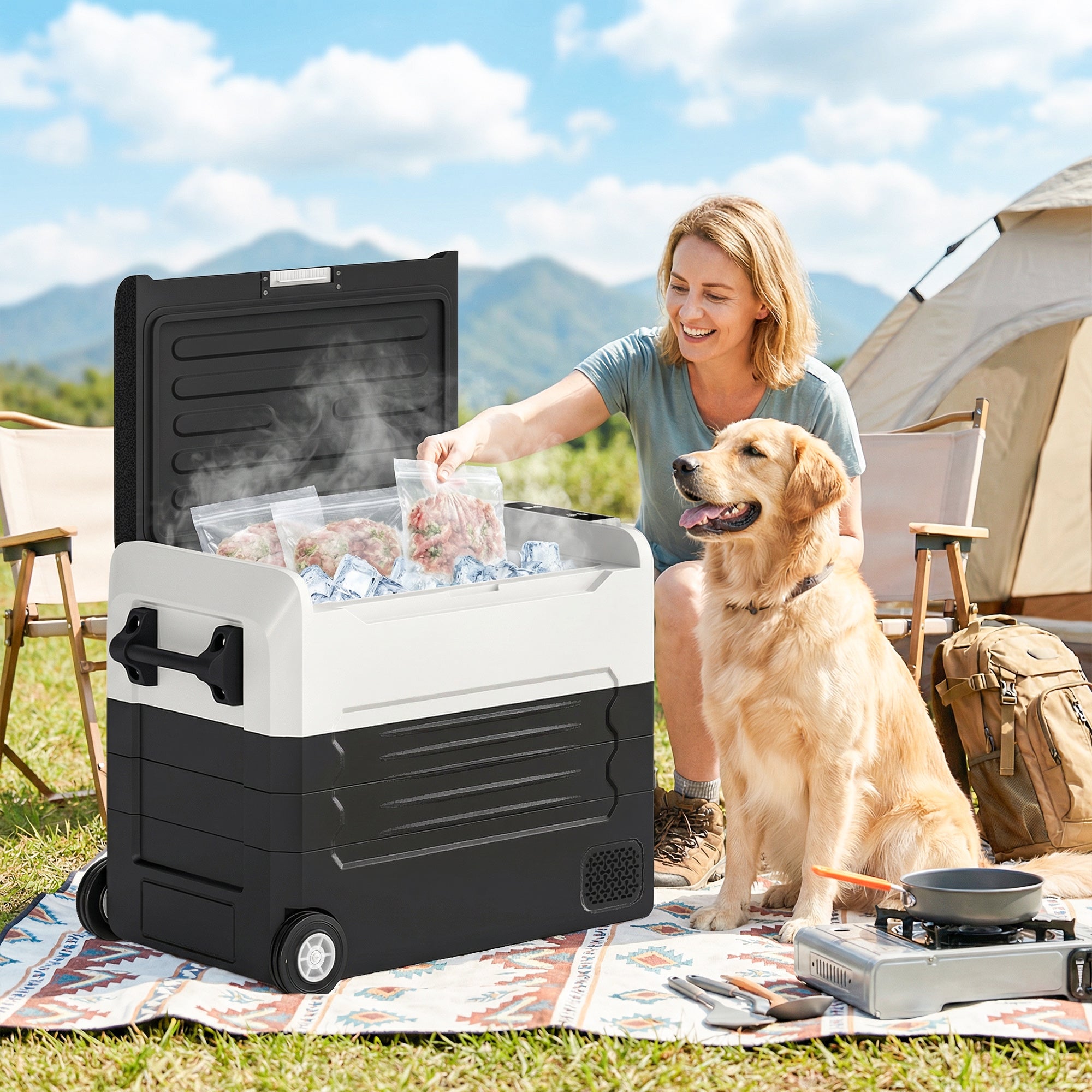 50L Dual-Zone Compressor Fridge (-4°F to 68°F) Portable Electric Car Cooler with App, LED, Battery Protection, Folding Handle — 12/24V DC & 110–230V AC
