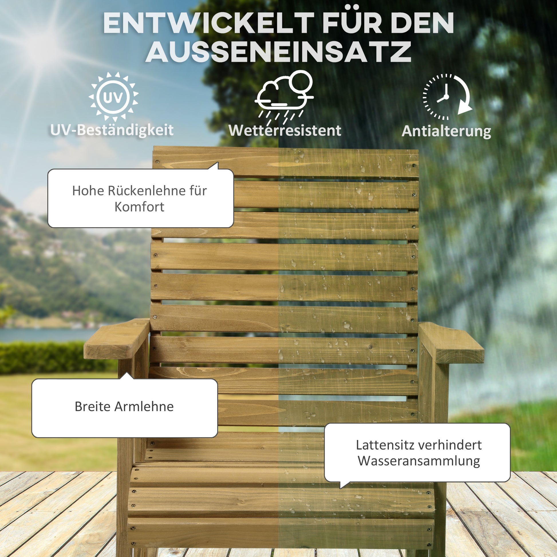 Rocking Chair Rocking Chair with Armrest Garden Chair Relax Chair for Balcony, Terrace, Weight Capacity up to 130 kg, Pine Wood, Light Brown 64 x 86 x 85 cm