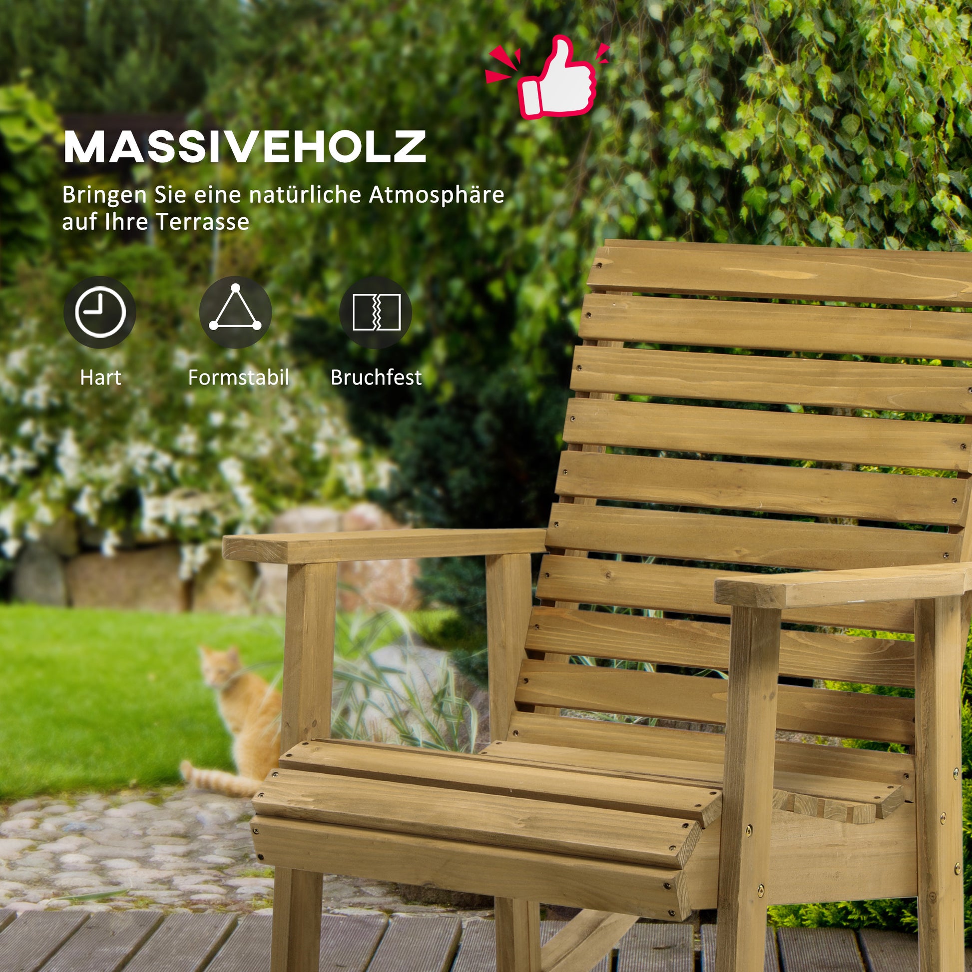 Rocking Chair Rocking Chair with Armrest Garden Chair Relax Chair for Balcony, Terrace, Weight Capacity up to 130 kg, Pine Wood, Light Brown 64 x 86 x 85 cm