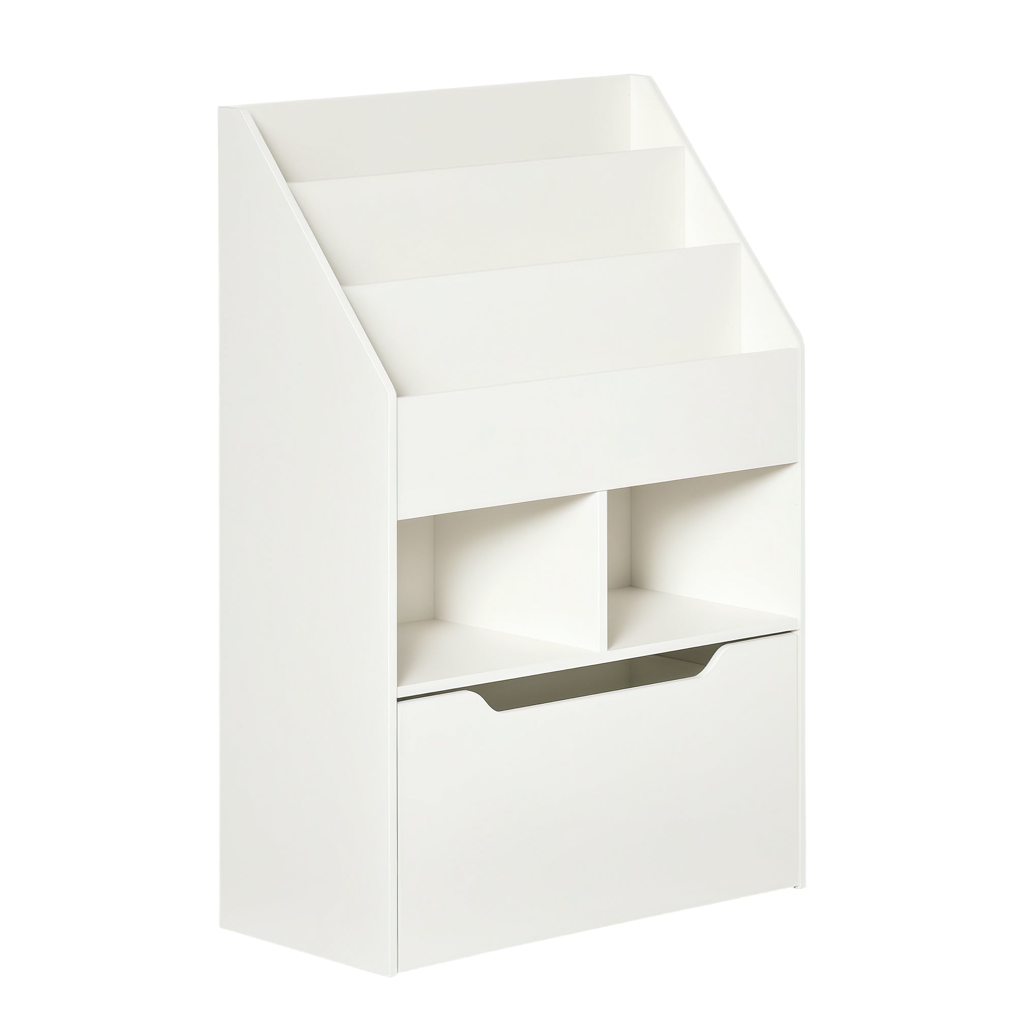 Kids' Wooden Bookcase with 3 Compartments, 2 Cubes, and Mobile Drawer with 4 Wheels Children's Bookshelf for Kids' Room Playroom 60x29.9x90 cm White