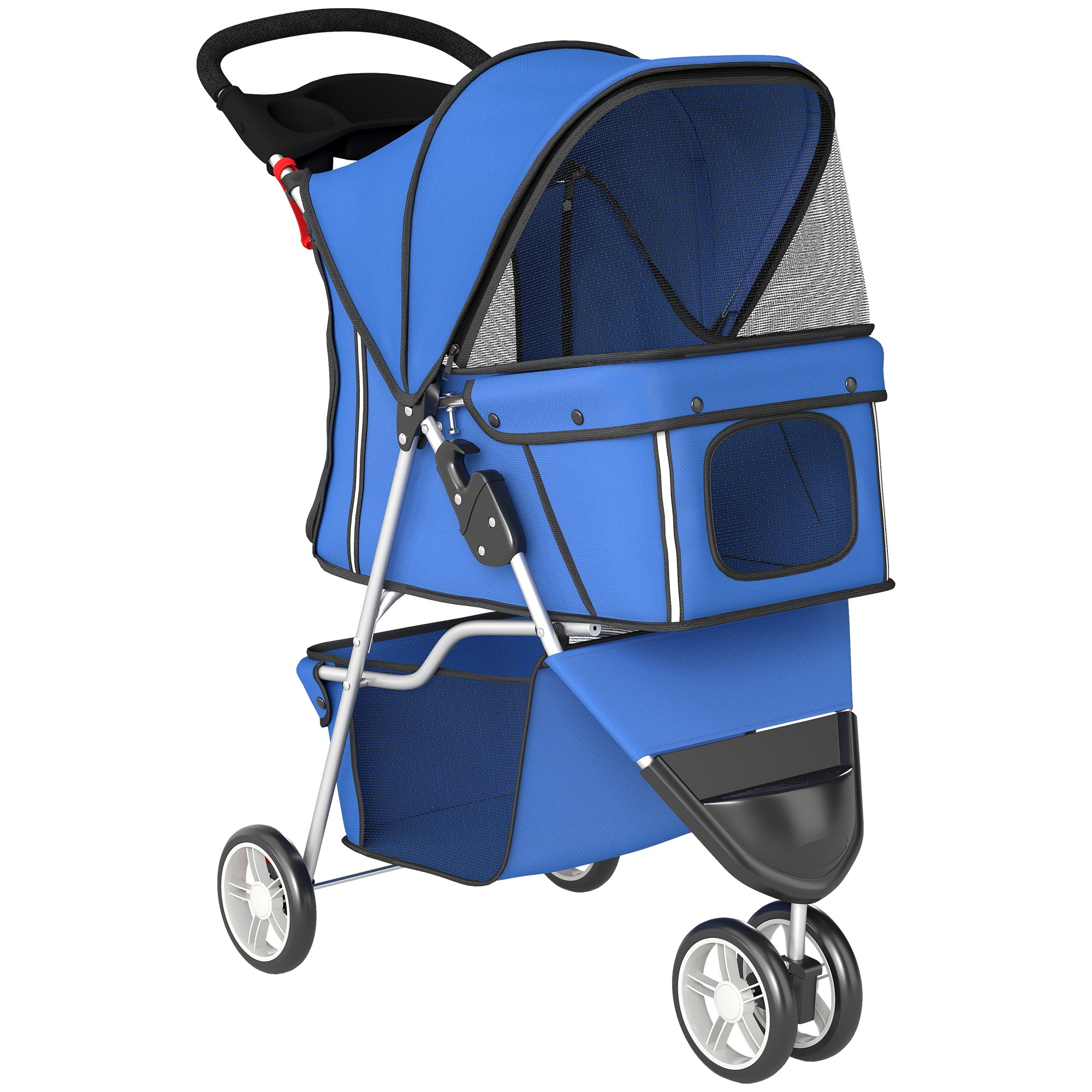 Foldable Pet Stroller for Small Dogs — Mesh Windows, Storage Basket & Cup Holder, 22 lb Capacity, Blue
