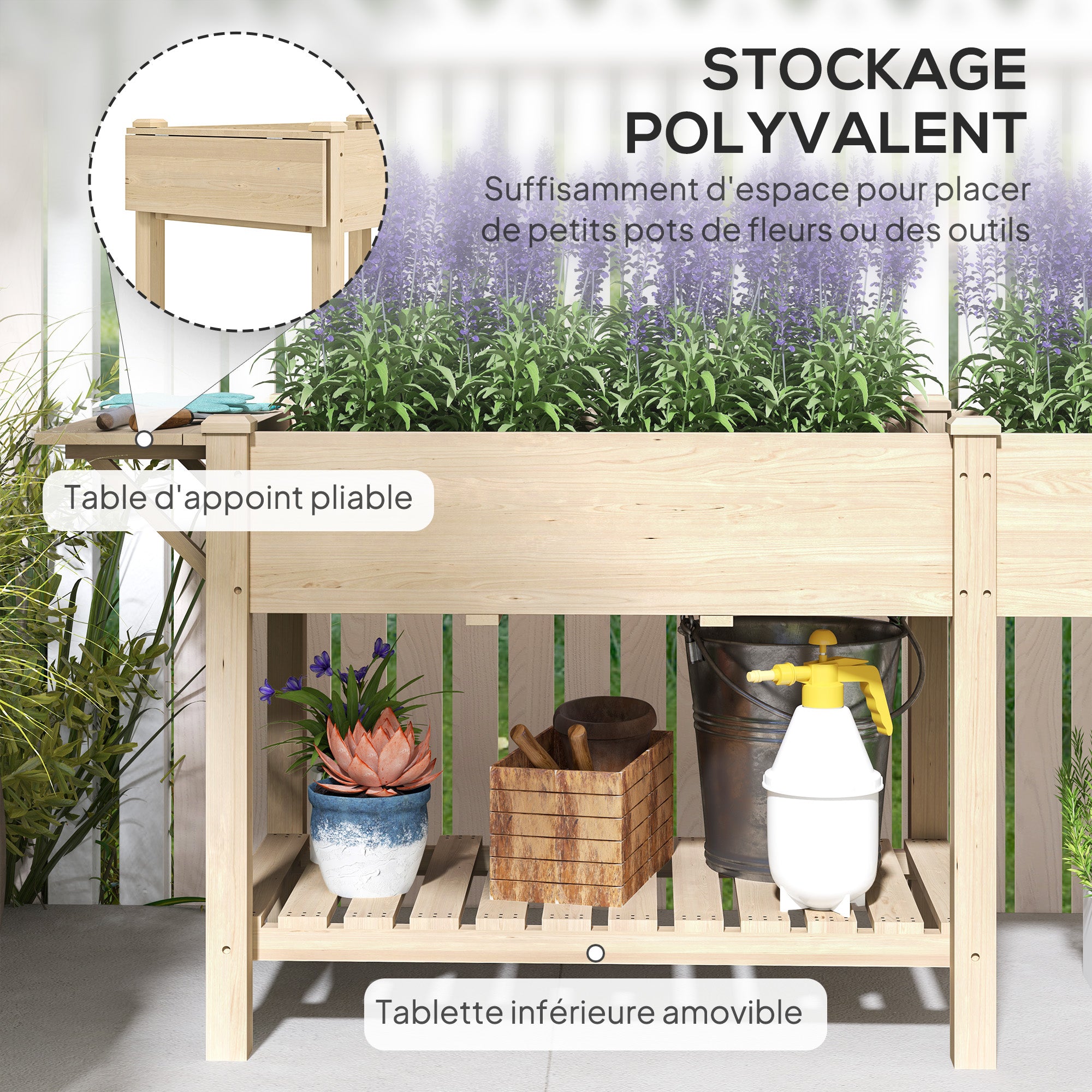Raised Garden Bed with Legs, Garden Raised Bed Planter with 2 Planting Boxes, Folding Shelf and Bottom Shelf, Elevated Wood Garden Planter for Flowers, 207 x 59 x 78 cm, Natural Wood