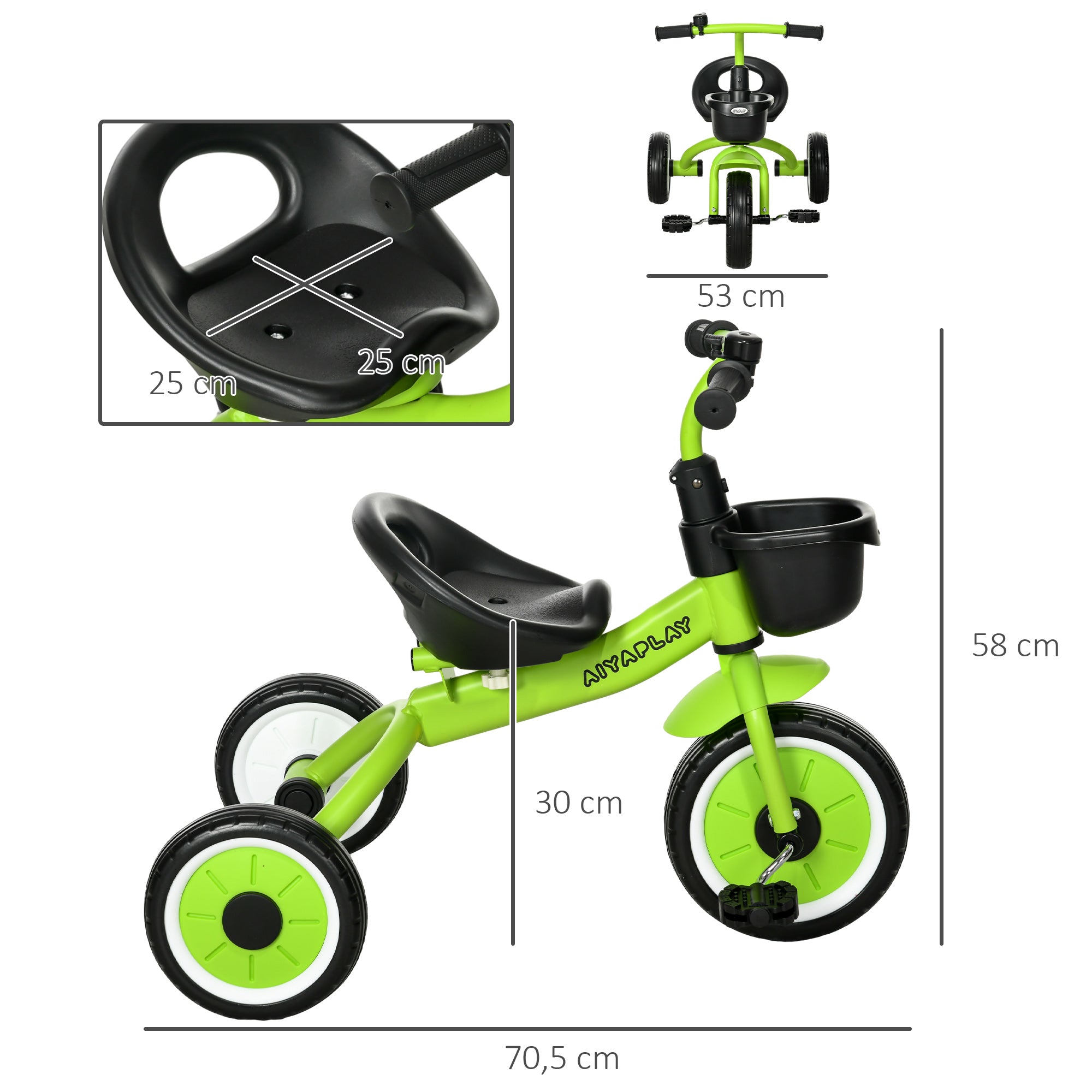 Tricycle for Children 2-5 Years Kids Bike with Adjustable Seat Basket Bell Pedals and 3 Wheels Load 25 kg 70.5x53x58 cm Green