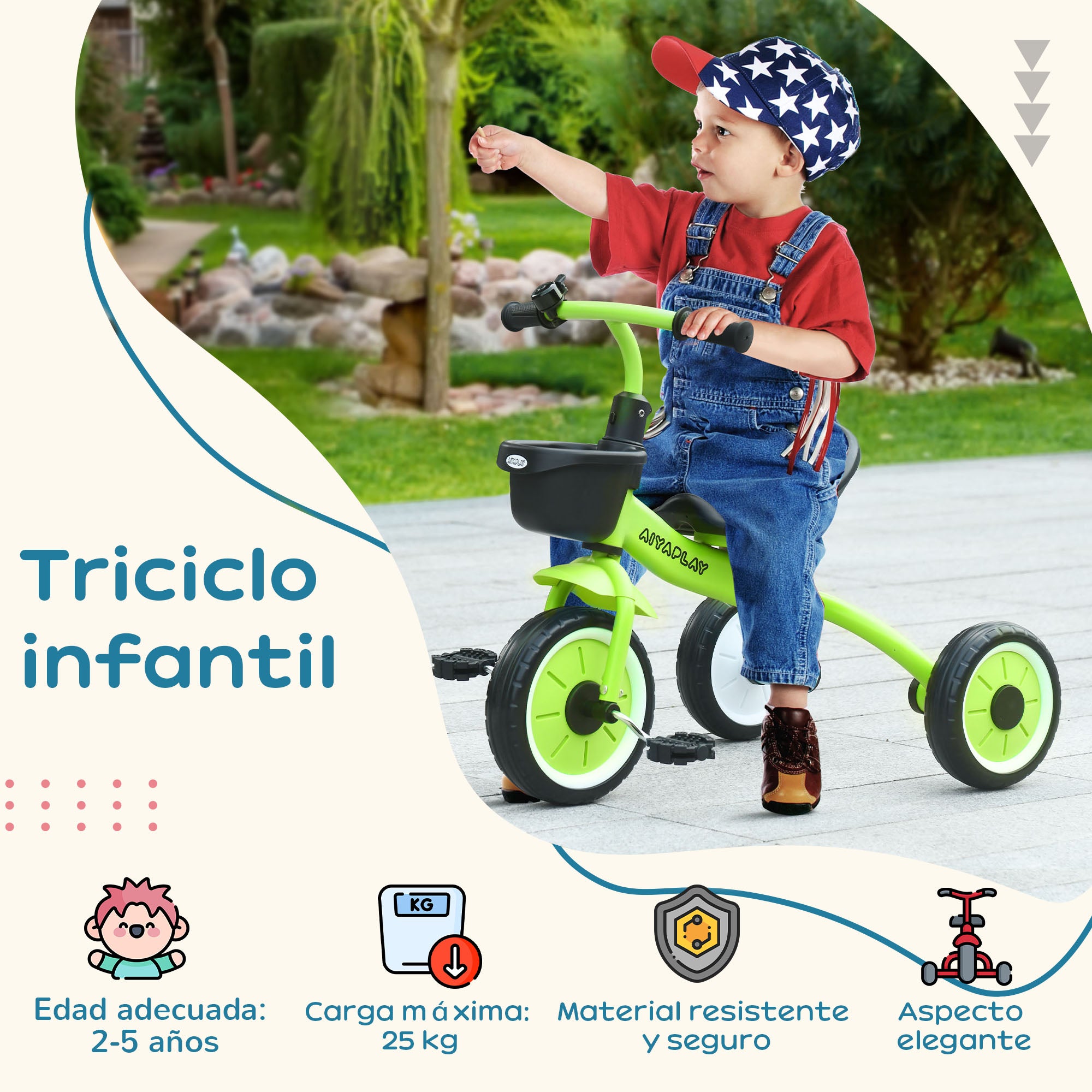 Tricycle for Children 2-5 Years Kids Bike with Adjustable Seat Basket Bell Pedals and 3 Wheels Load 25 kg 70.5x53x58 cm Green