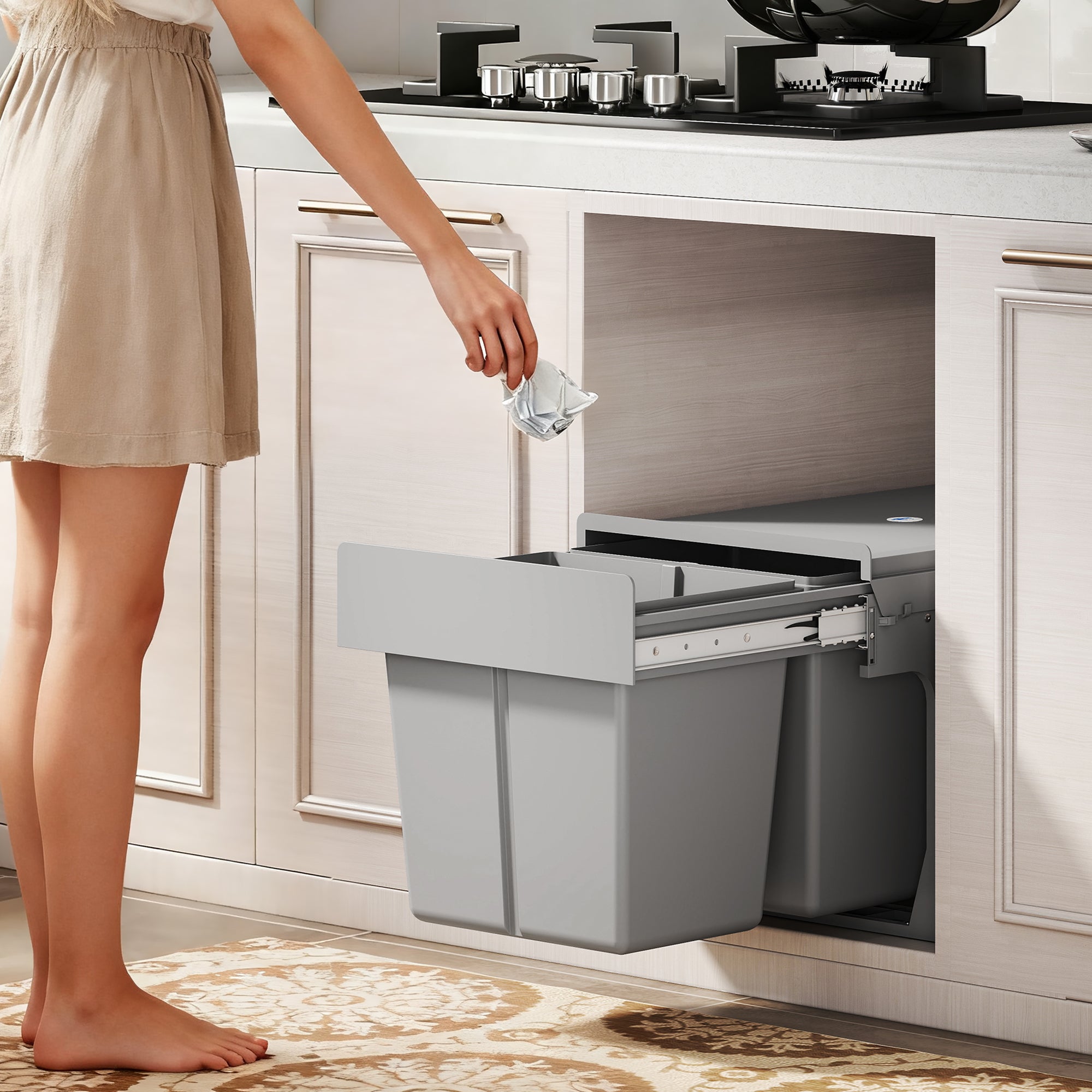 Under-Cabinet Pull-Out Trash Bin — 2 Removable 15L Bins (Total 30 L), Soft-Close Slides, Light Gray