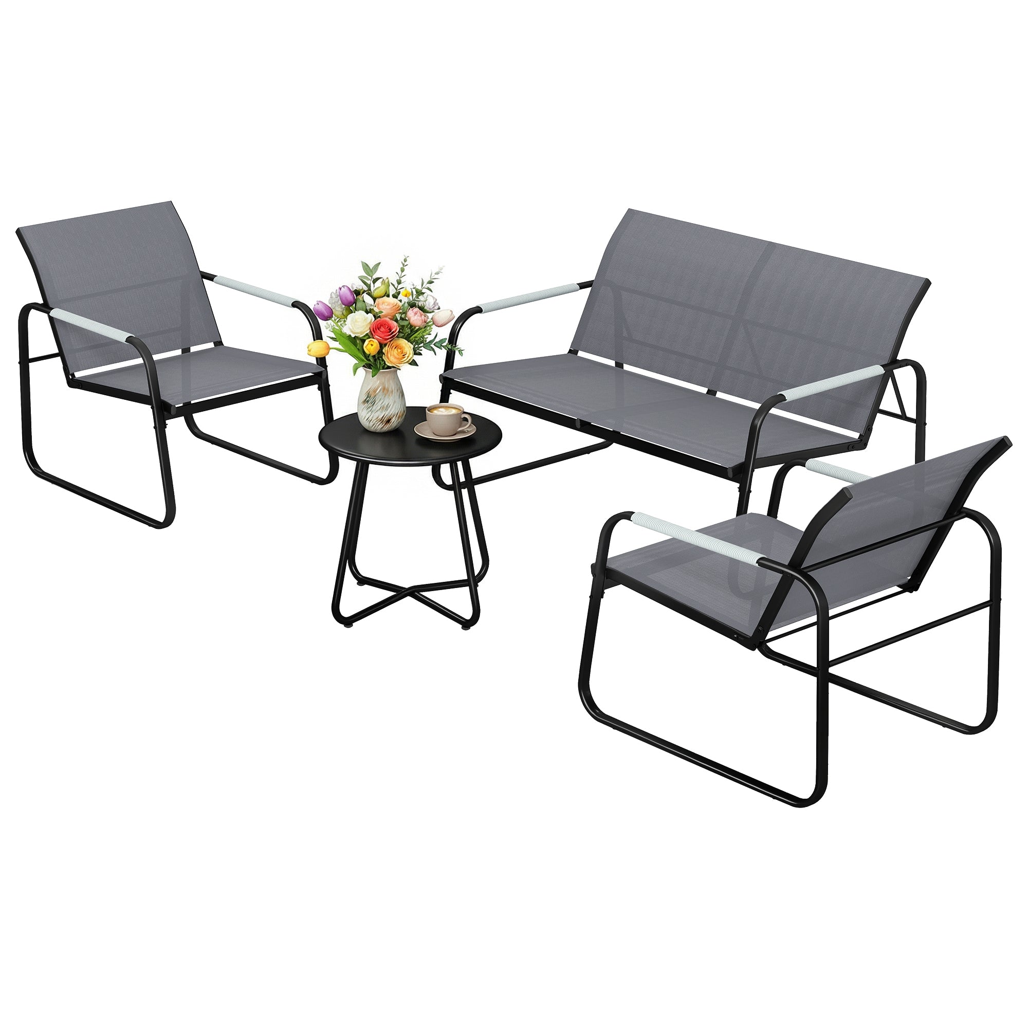 4-Piece Outdoor Patio Set for 4 — Breathable Garden Lounge with 2-Seat Sofa, 2 Armchairs, Woven Rope Round Table, Adjustable Feet, Weatherproof (Gray)