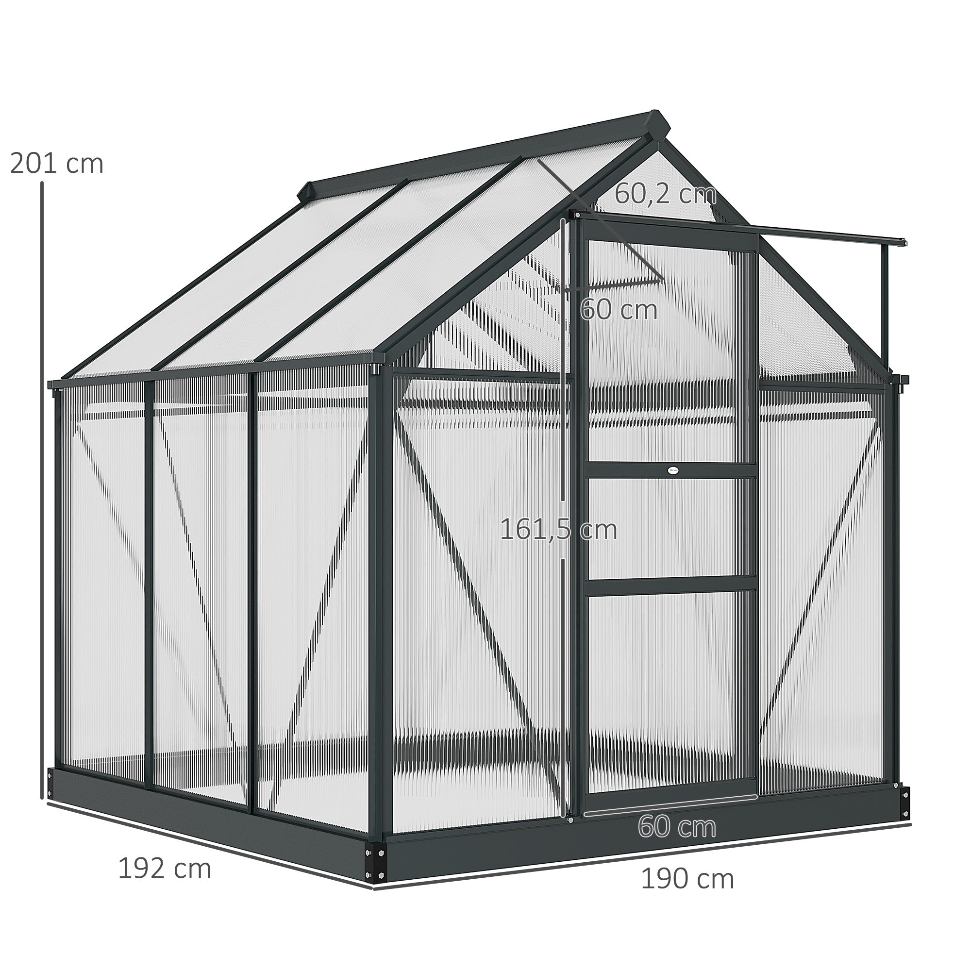 Polycarbonate Garden Greenhouse 3.65m² Aluminum Greenhouse for Garden 190 x 192 x 201 cm UV-Resistant, with Reinforced Foundation, Gutter, Skylight, and Sliding Door, Gray