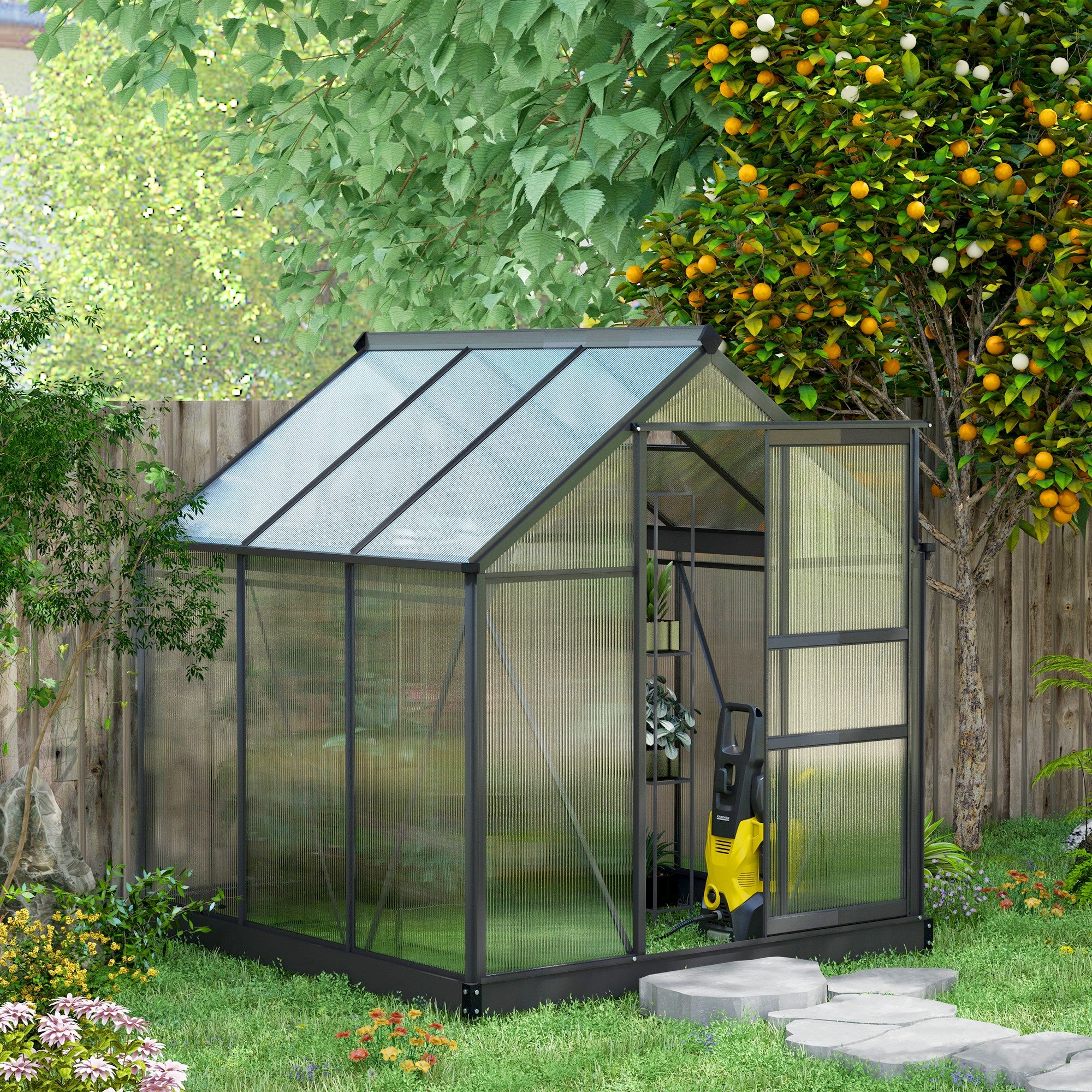 Polycarbonate Garden Greenhouse 3.65m² Aluminum Greenhouse for Garden 190 x 192 x 201 cm UV-Resistant, with Reinforced Foundation, Gutter, Skylight, and Sliding Door, Gray