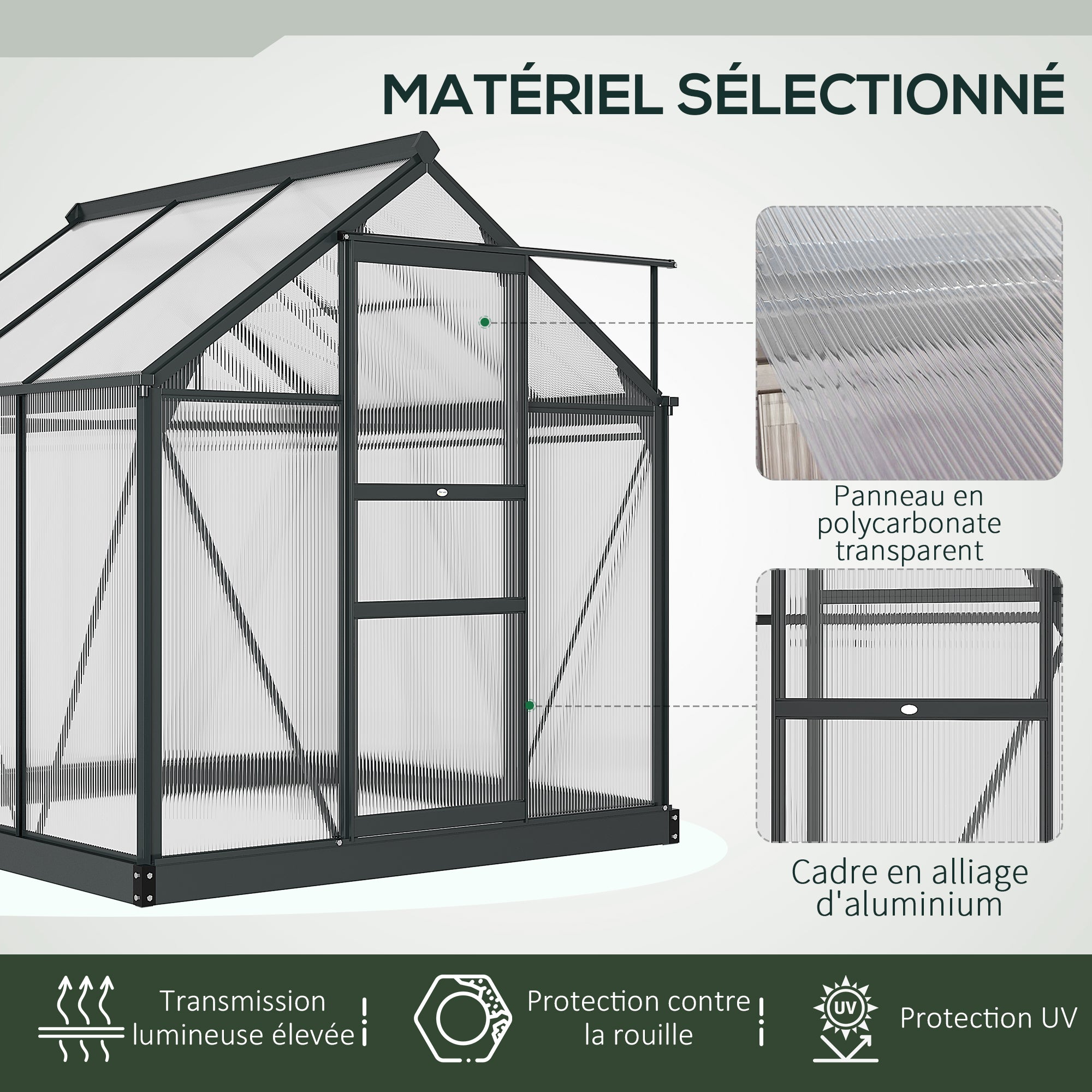 Polycarbonate Garden Greenhouse 3.65m² Aluminum Greenhouse for Garden 190 x 192 x 201 cm UV-Resistant, with Reinforced Foundation, Gutter, Skylight, and Sliding Door, Gray