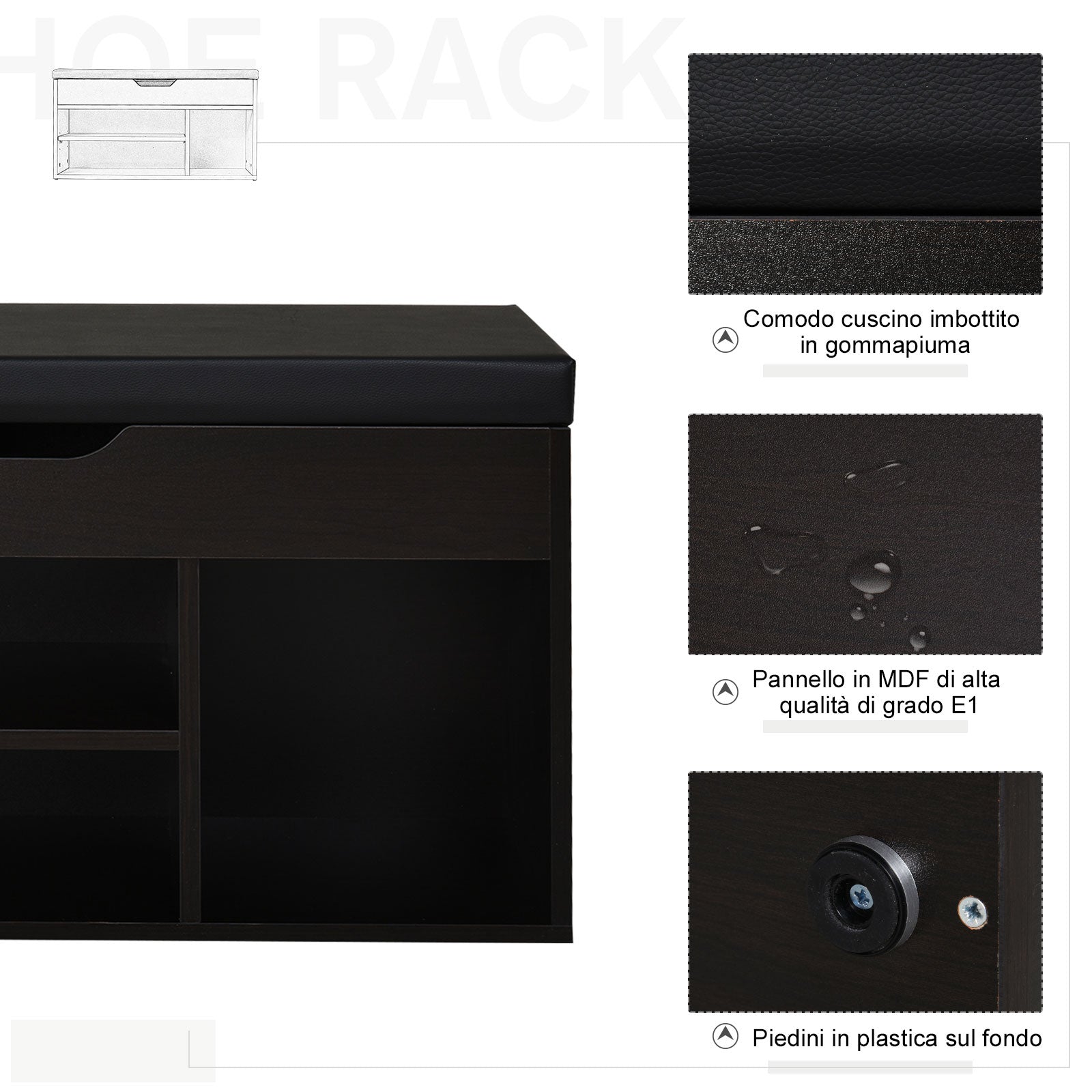Padded Entryway Shoe Cabinet, Entryway Cabinet with Shoe Rack, with 3 Compartments, PU Leather Seat, for Living Room and Hallway, 80x30x43 cm, Black