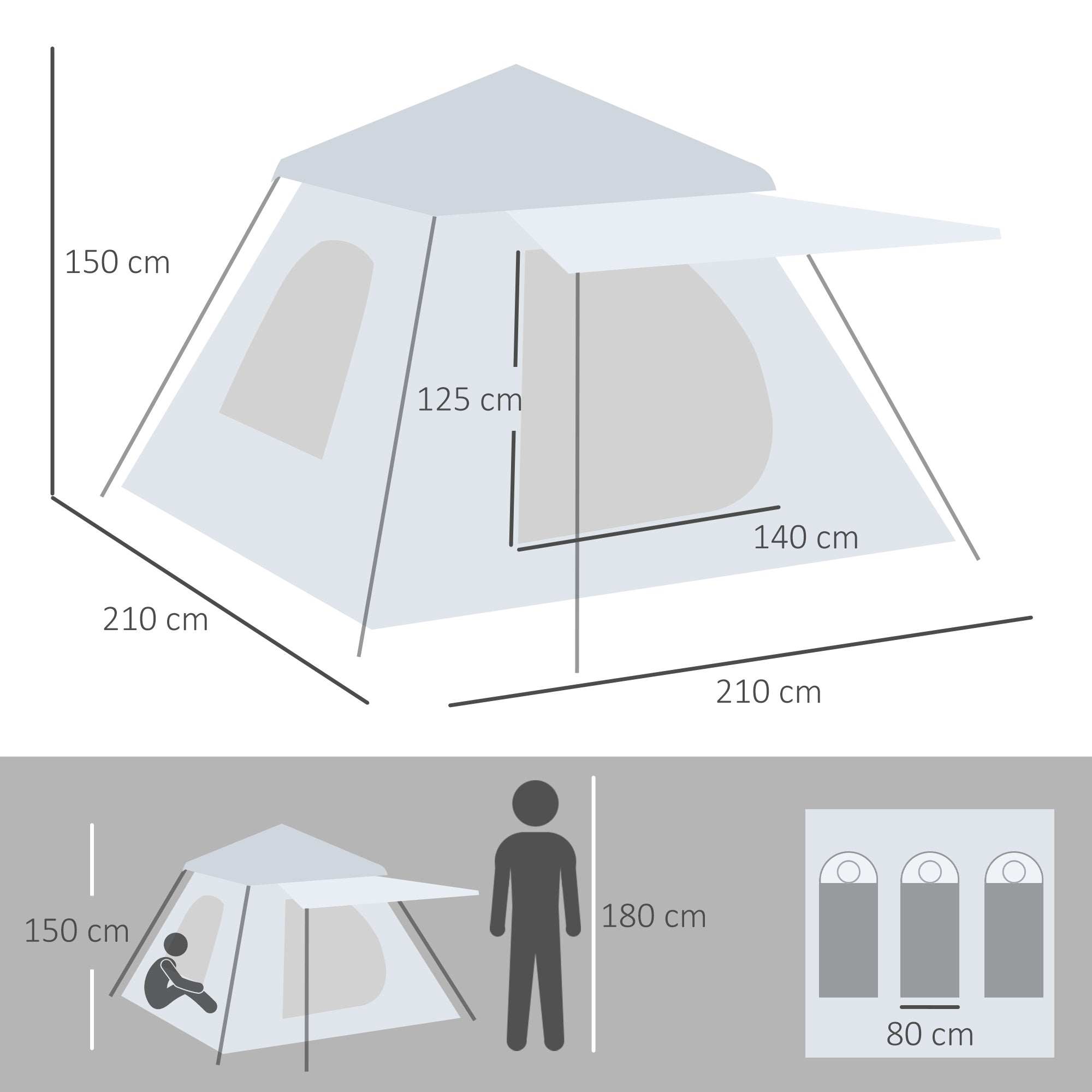 Pop-up Tent for 2-3 People Portable Lightweight Waterproof Camping Tent 2000 mm UV50+ Protection Camping Tent with Window 210x210x150 cm Silver