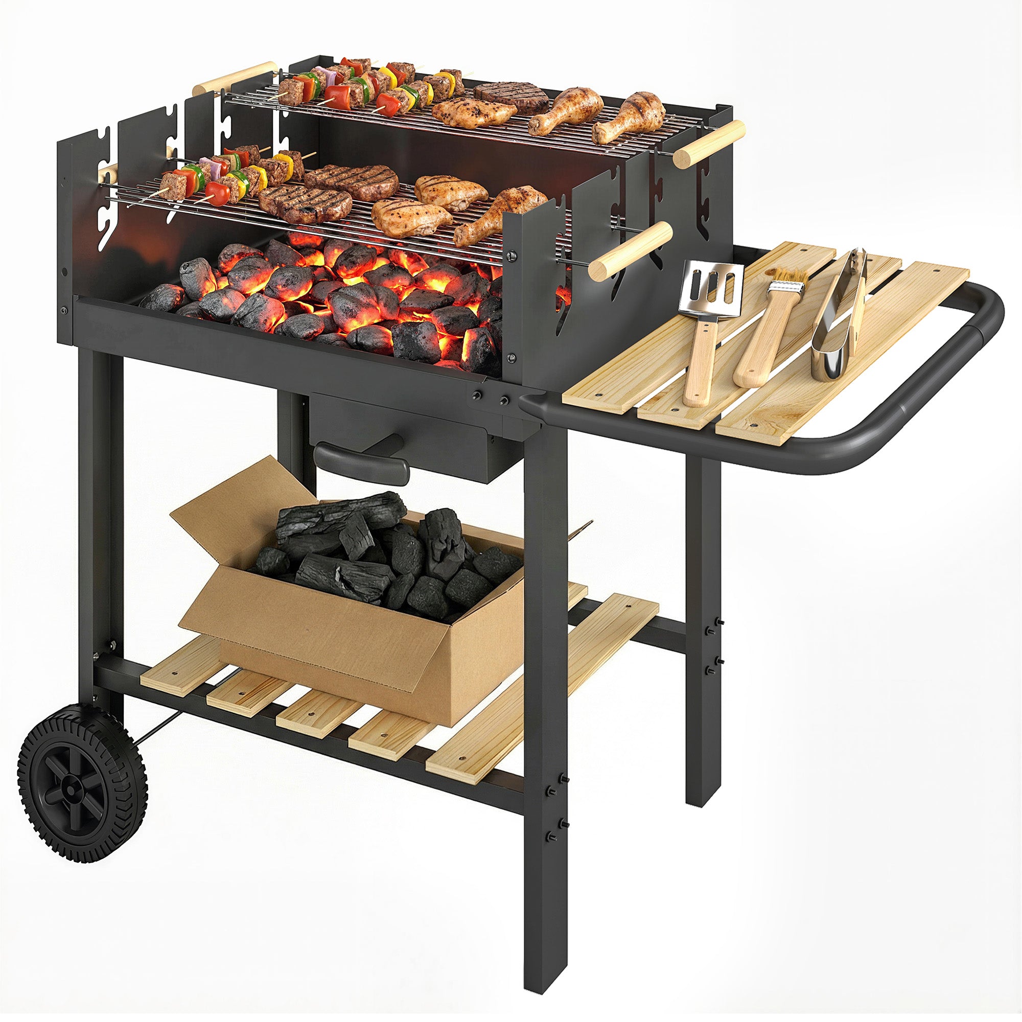 Wood-Trim Charcoal Grill Cart with 2 Adjustable Cooking Grates, Side Shelf, Lower Shelf, Ash Drawer & Wheels — Black