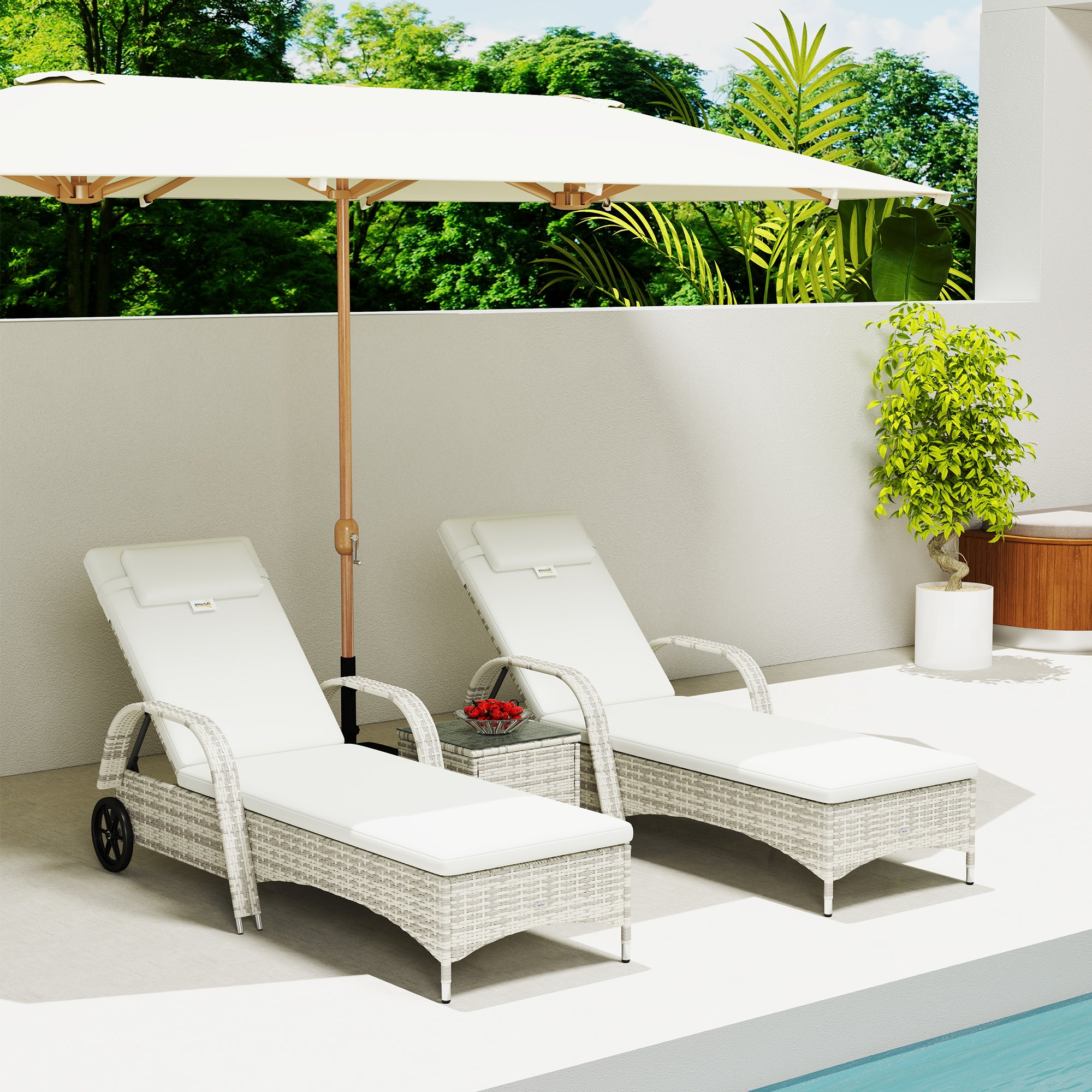 Set of 2 very comfortable sun loungers: mattress, headrest, adjustable multi-position recline, armrests, wheels + tempered glass coffee table cream wicker resin