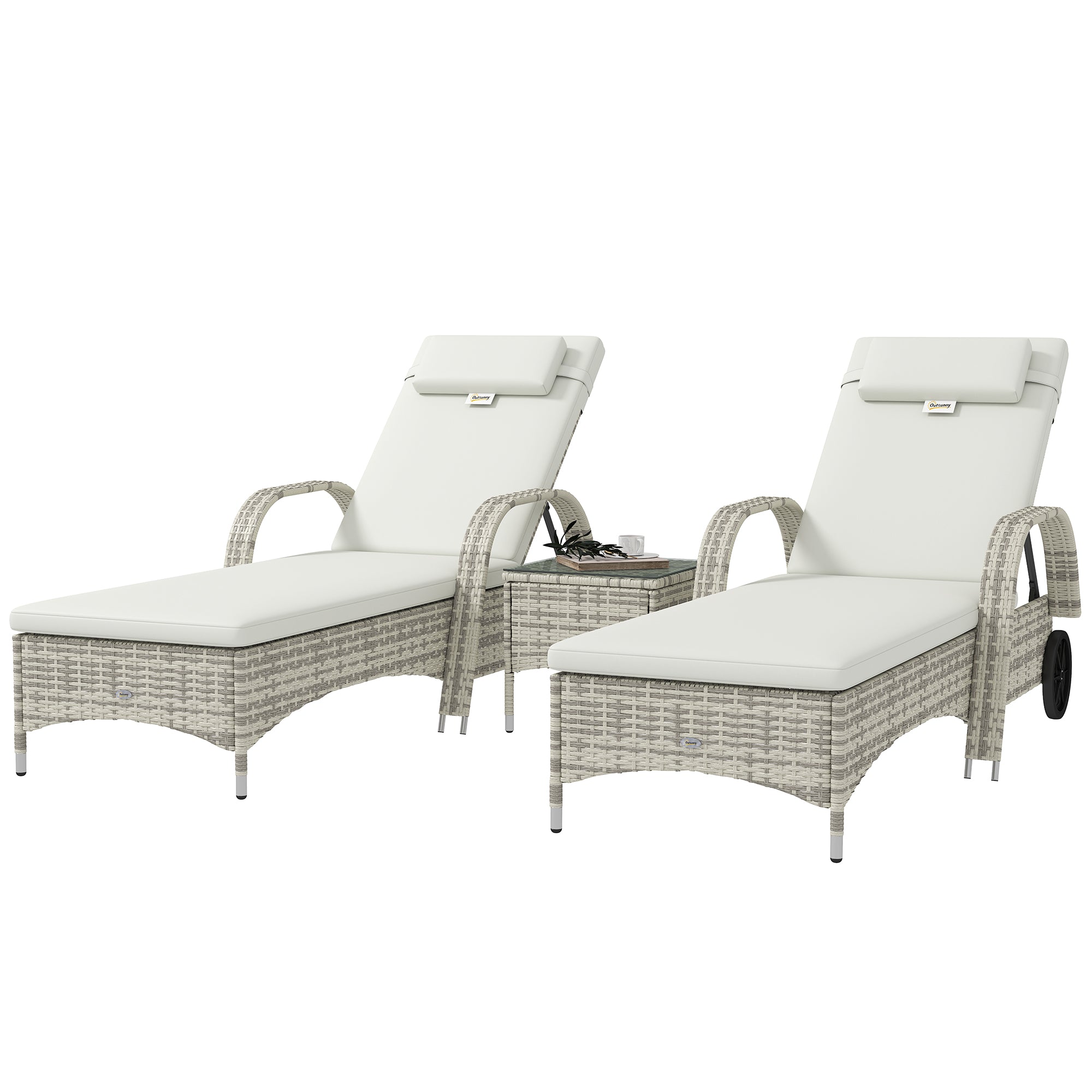 Set of 2 very comfortable sun loungers: mattress, headrest, adjustable multi-position recline, armrests, wheels + tempered glass coffee table cream wicker resin
