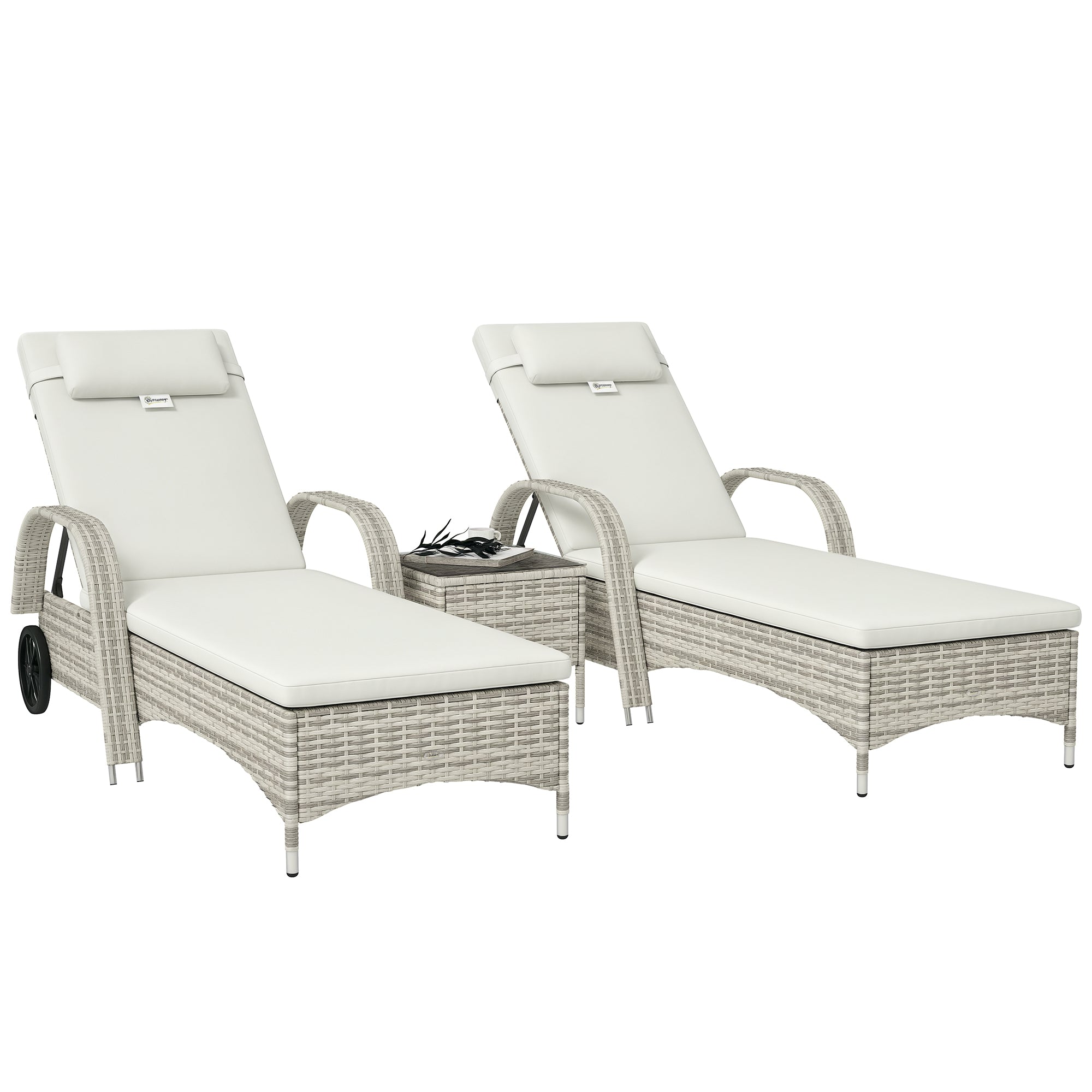 Set of 2 very comfortable sun loungers: mattress, headrest, adjustable multi-position recline, armrests, wheels + tempered glass coffee table cream wicker resin