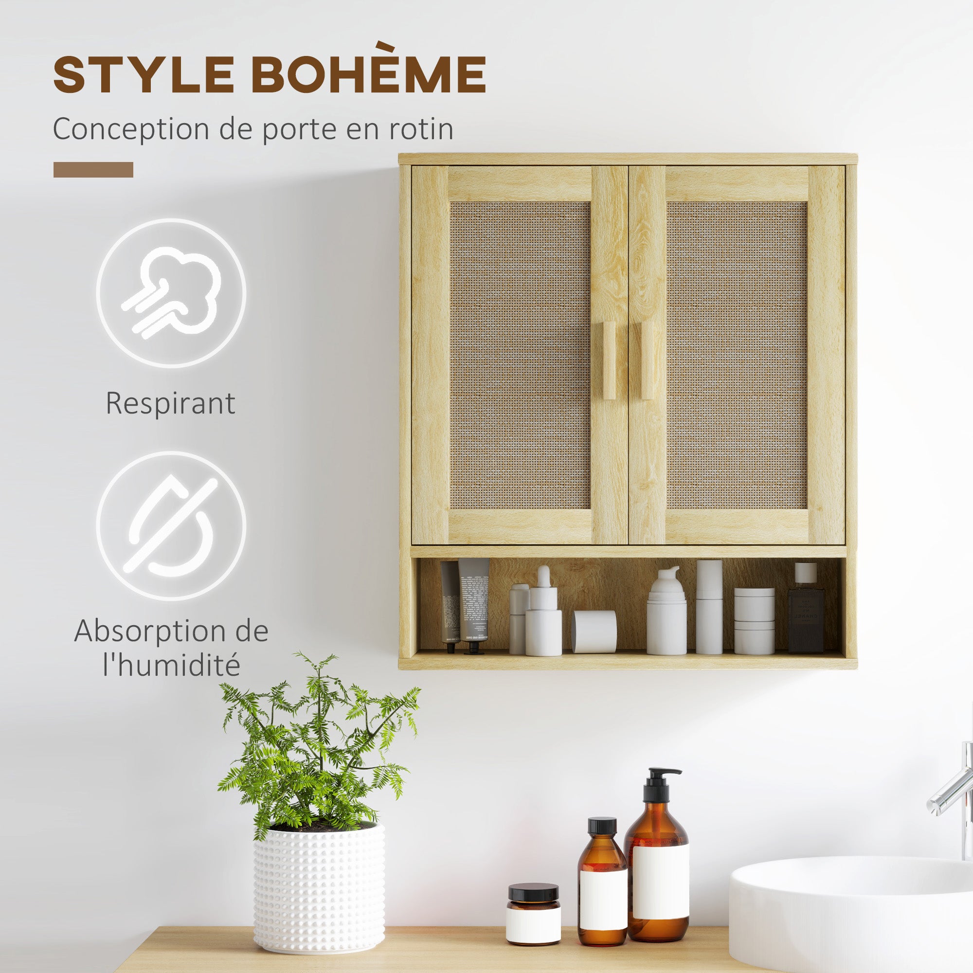 Wall Mounted Bathroom Cabinet, Suspended Toilet Cabinet, with Adjustable Shelf, Double Door and Open Shelf, 59 x 20 x 66.5 cm, Oak Wood Effect