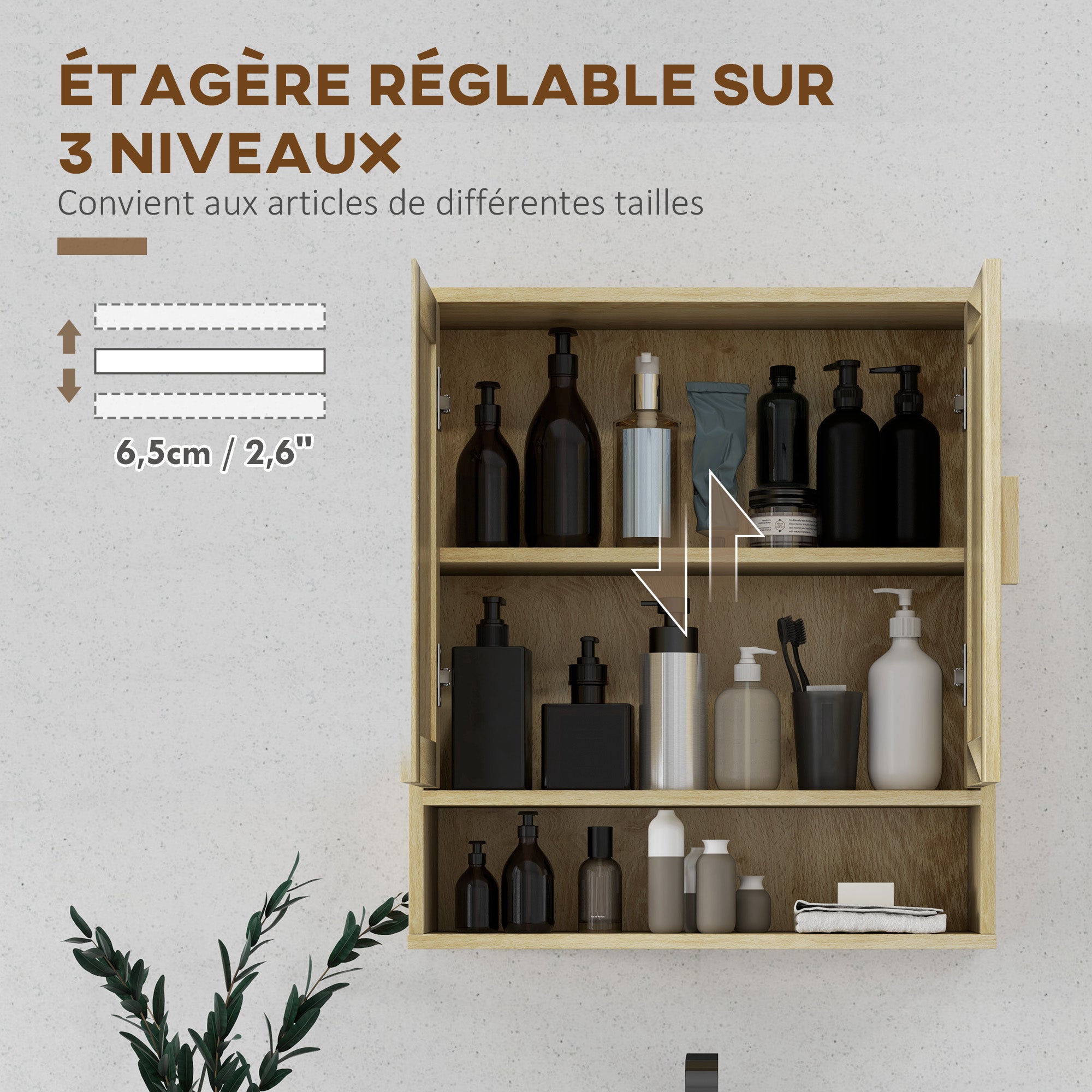 Wall Mounted Bathroom Cabinet, Suspended Toilet Cabinet, with Adjustable Shelf, Double Door and Open Shelf, 59 x 20 x 66.5 cm, Oak Wood Effect