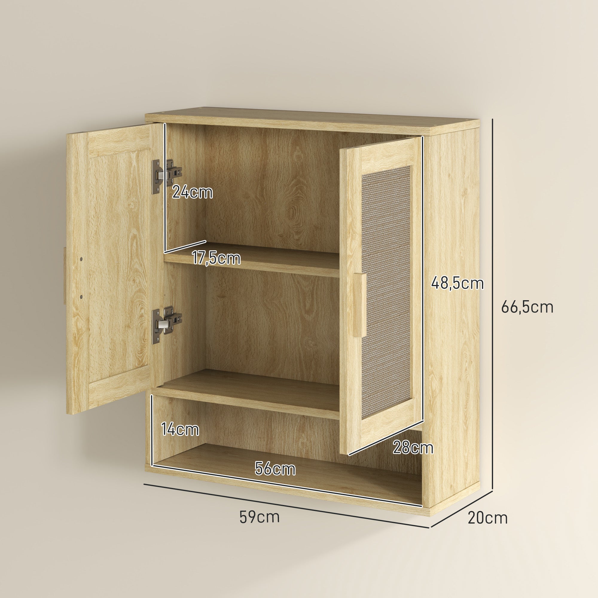 Wall Mounted Bathroom Cabinet, Suspended Toilet Cabinet, with Adjustable Shelf, Double Door and Open Shelf, 59 x 20 x 66.5 cm, Oak Wood Effect