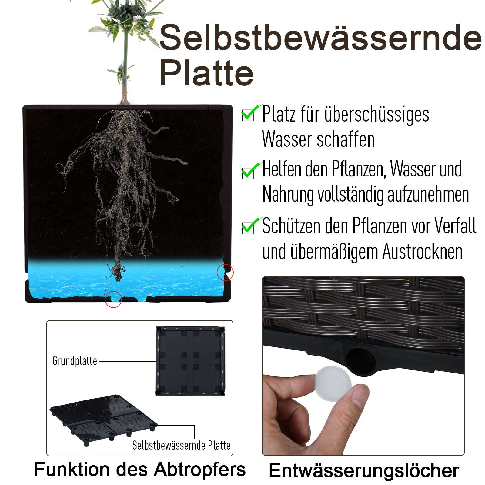 Raised Bed, Planter Box with Drainage Holes, Flower Box in Rattan-Look, Plastic, Brown, 40 x 40 x 44 cm