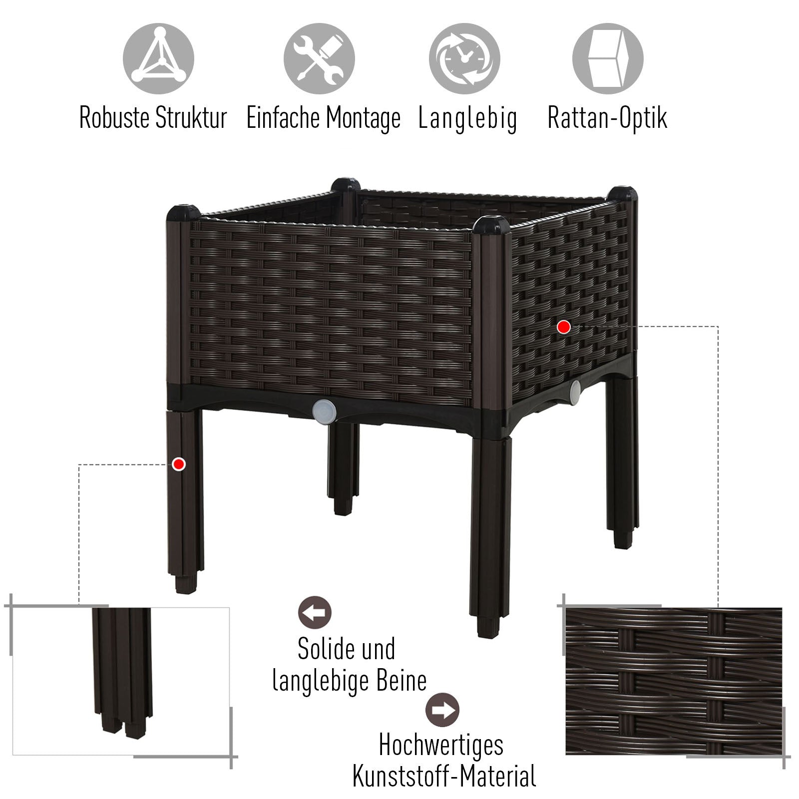 Raised Bed, Planter Box with Drainage Holes, Flower Box in Rattan-Look, Plastic, Brown, 40 x 40 x 44 cm