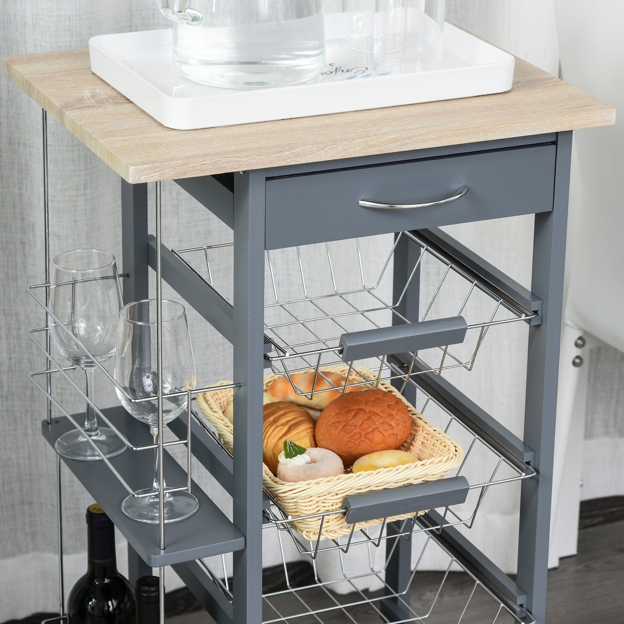 Space-Saving Kitchen Trolley in Dark Gray, Food Trolley, 1 Worktop, 1 Drawer, 4 Metal Baskets, 47x37x83cm, Grey