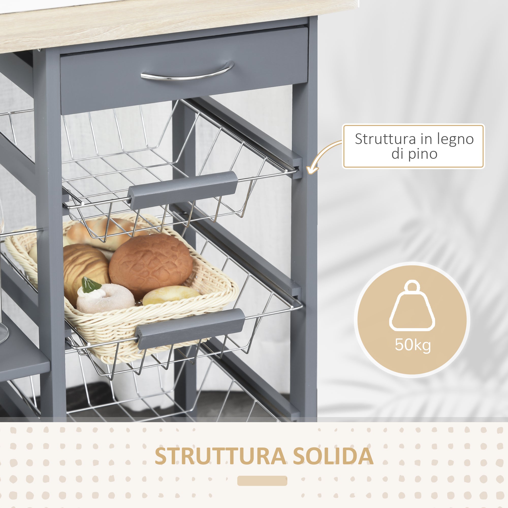 Space-Saving Kitchen Trolley in Dark Gray, Food Trolley, 1 Worktop, 1 Drawer, 4 Metal Baskets, 47x37x83cm, Grey