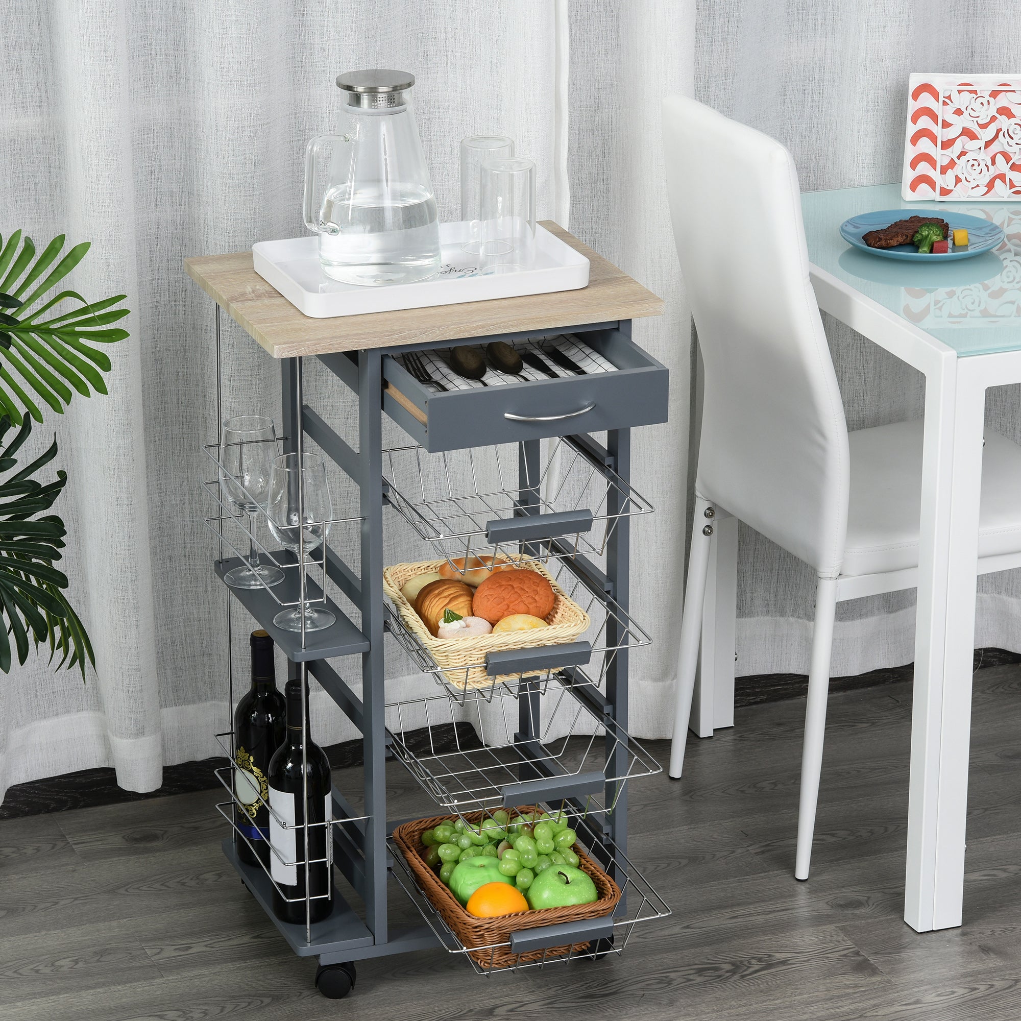 Space-Saving Kitchen Trolley in Dark Gray, Food Trolley, 1 Worktop, 1 Drawer, 4 Metal Baskets, 47x37x83cm, Grey
