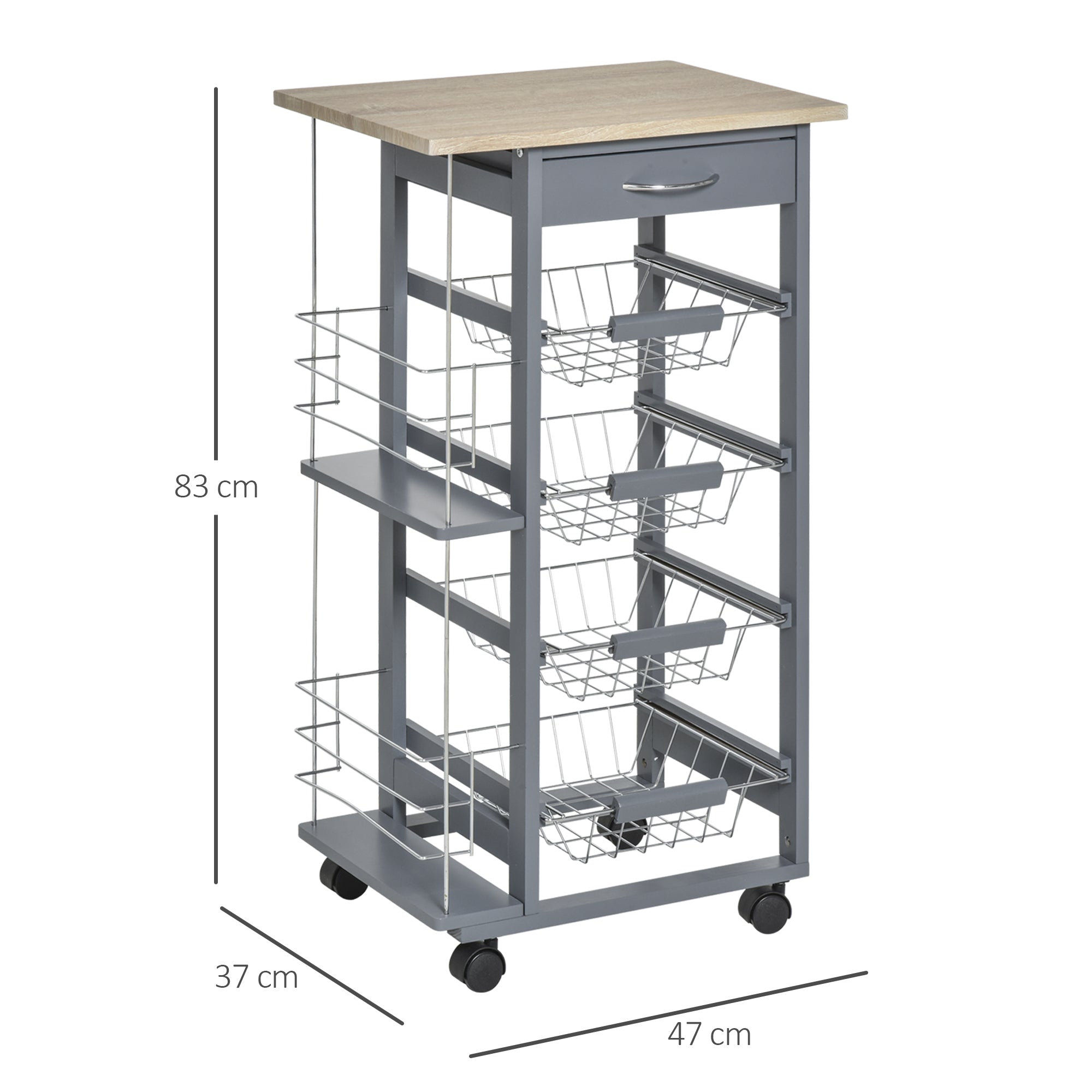 Space-Saving Kitchen Trolley in Dark Gray, Food Trolley, 1 Worktop, 1 Drawer, 4 Metal Baskets, 47x37x83cm, Grey
