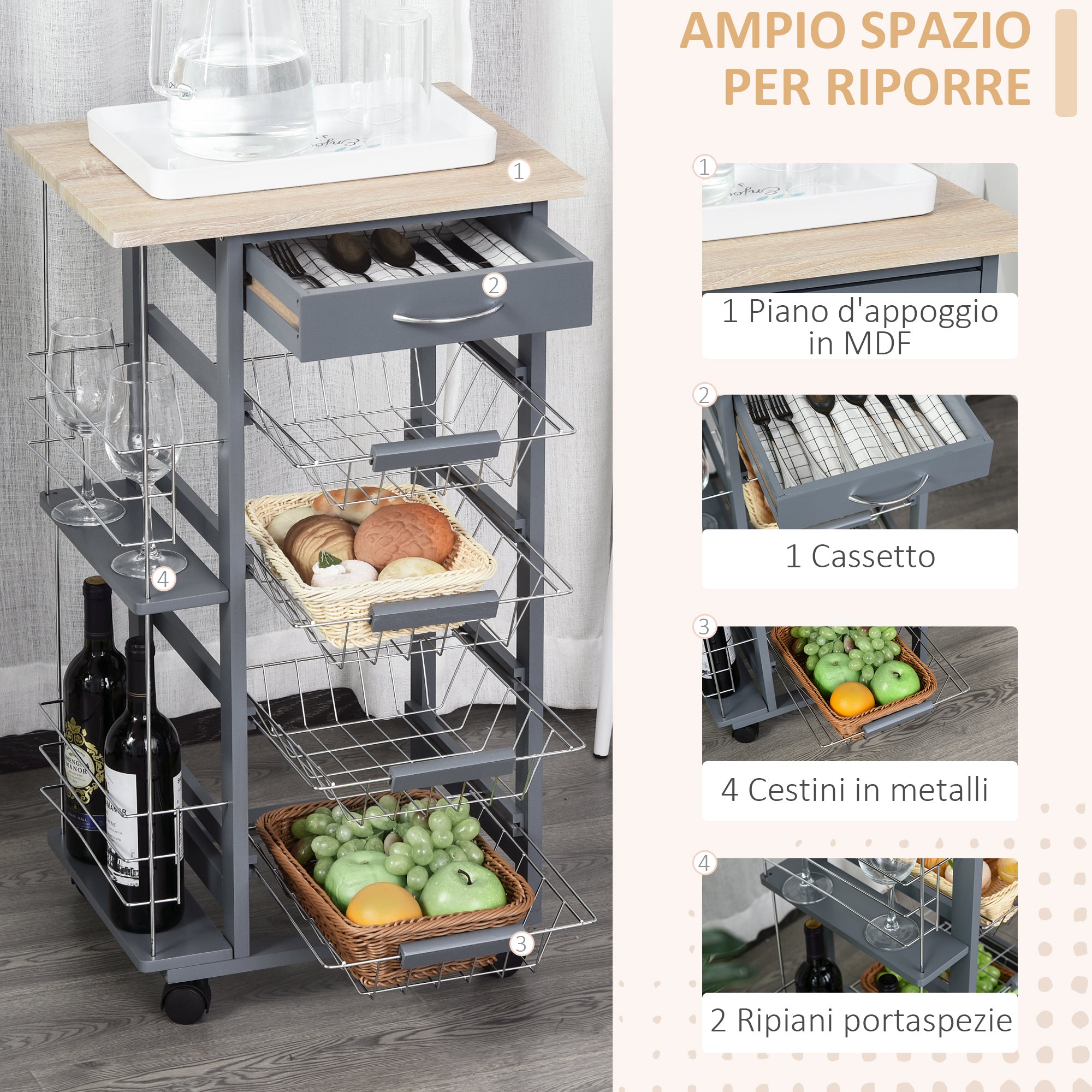 Space-Saving Kitchen Trolley in Dark Gray, Food Trolley, 1 Worktop, 1 Drawer, 4 Metal Baskets, 47x37x83cm, Grey