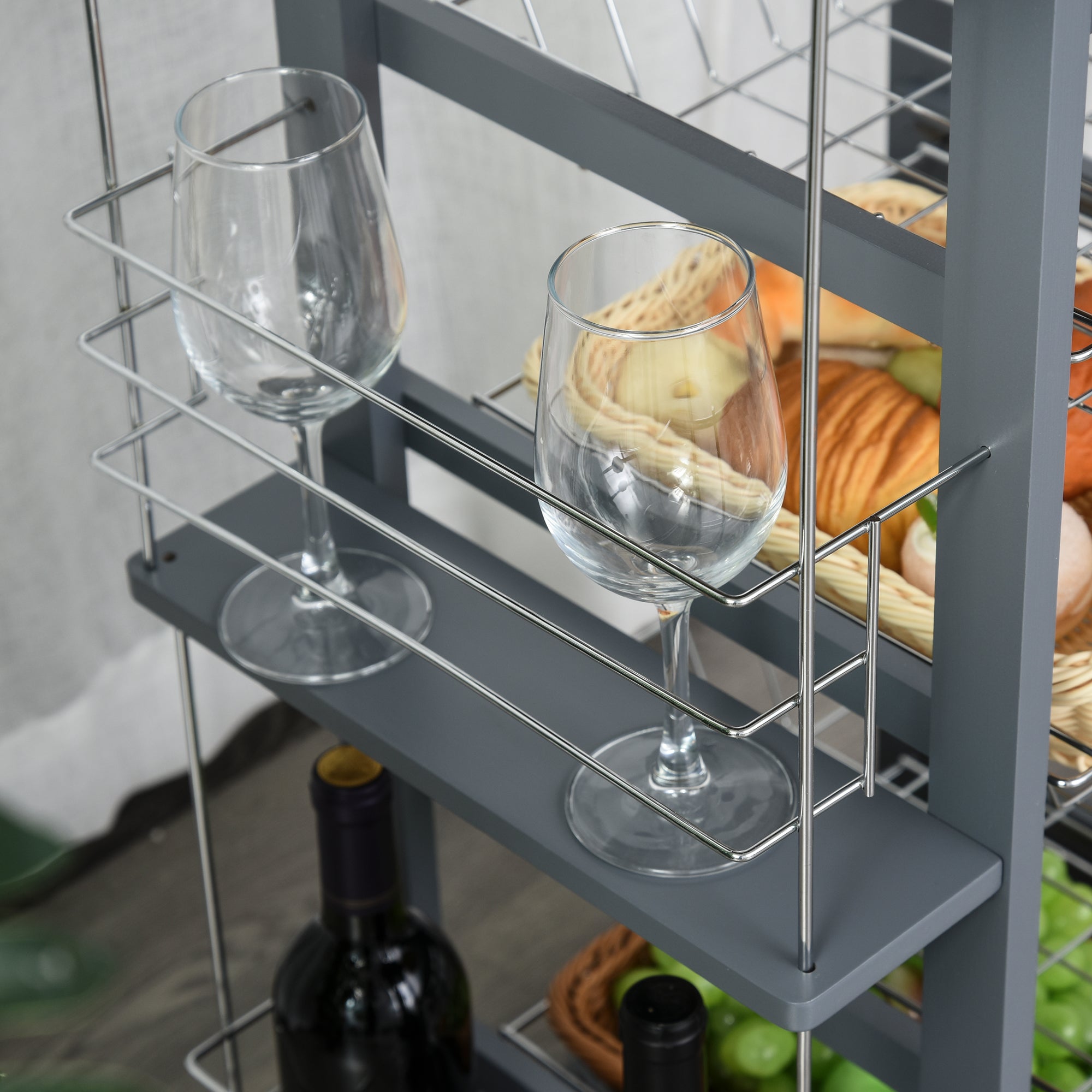 Space-Saving Kitchen Trolley in Dark Gray, Food Trolley, 1 Worktop, 1 Drawer, 4 Metal Baskets, 47x37x83cm, Grey