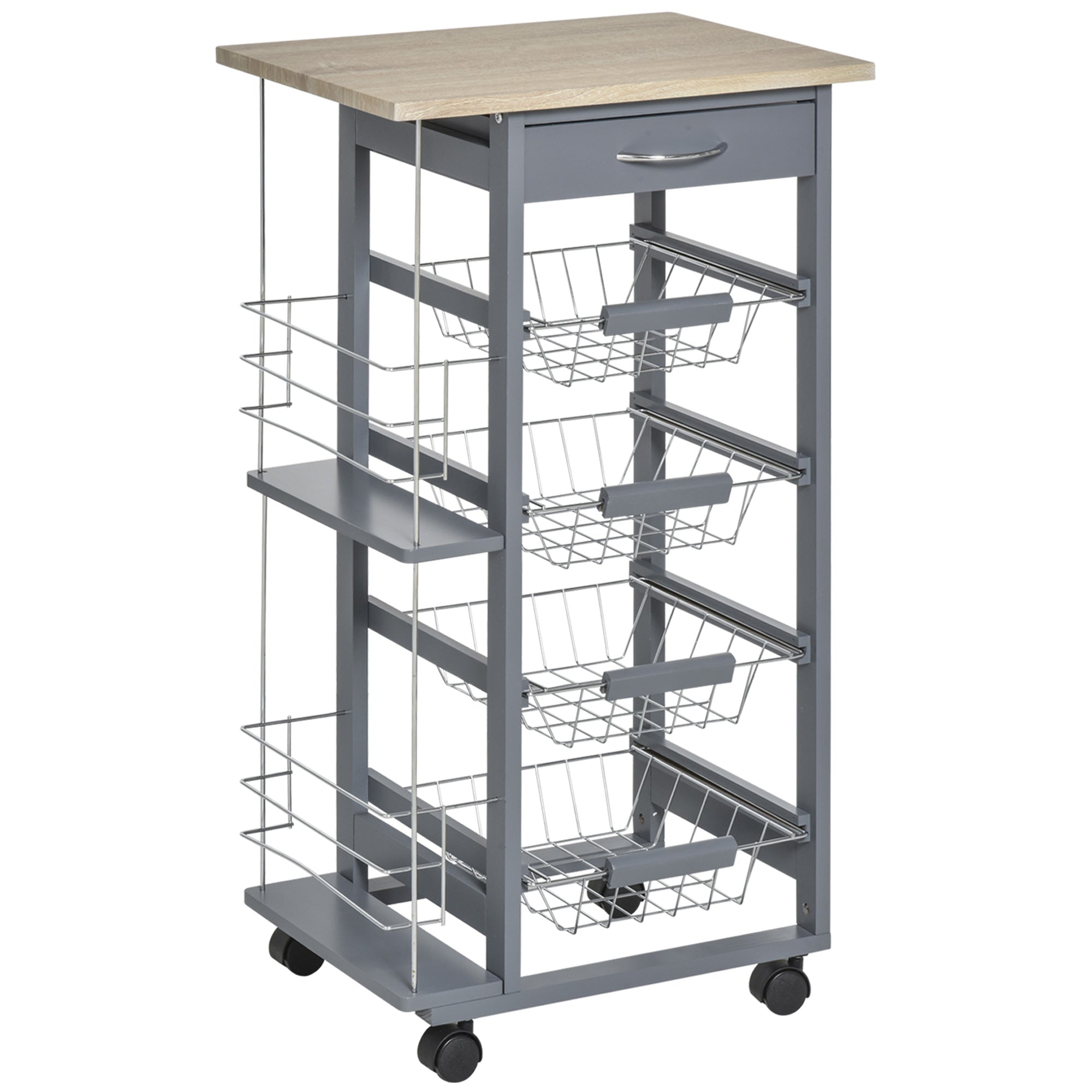 Space-Saving Kitchen Trolley in Dark Gray, Food Trolley, 1 Worktop, 1 Drawer, 4 Metal Baskets, 47x37x83cm, Grey