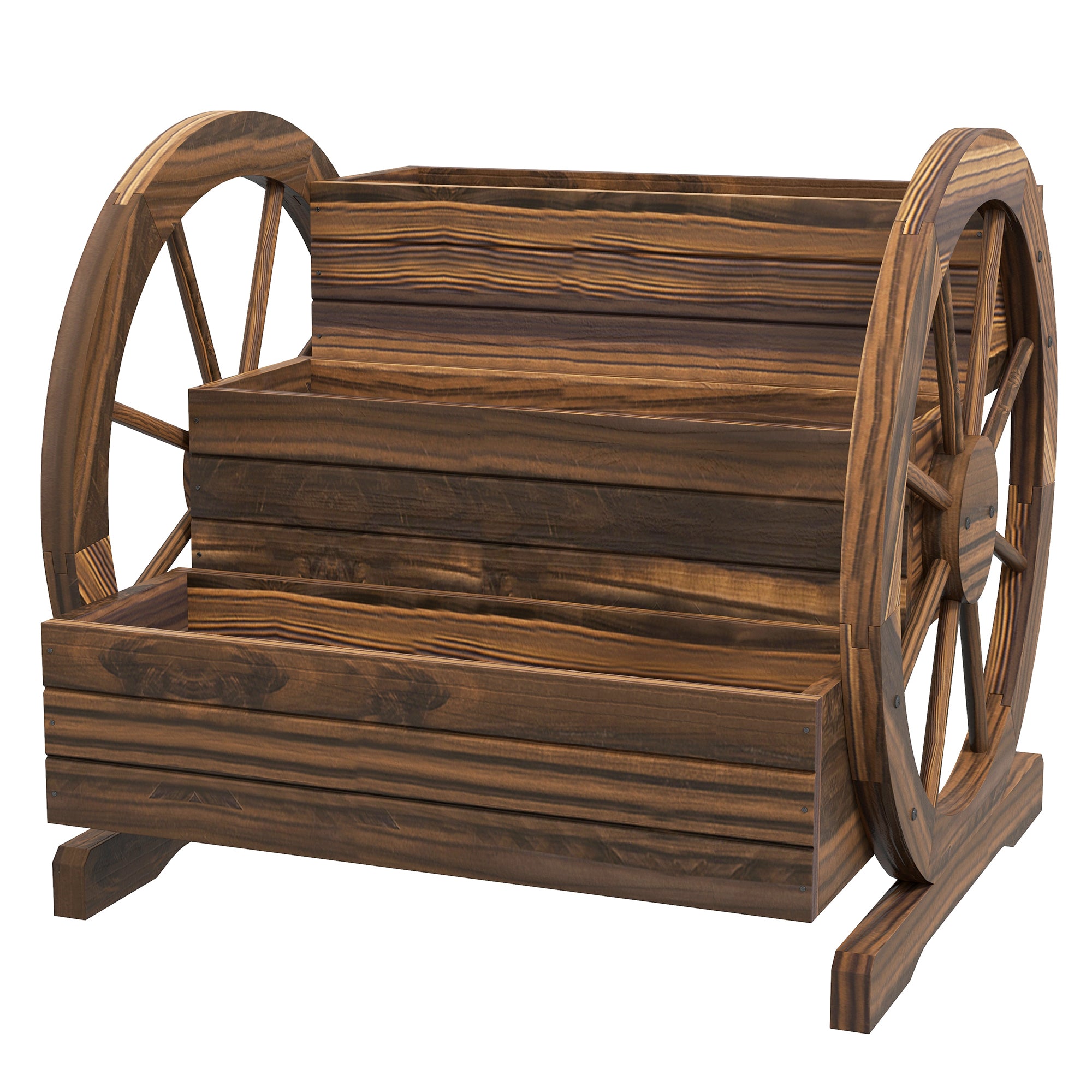 3-Tier Raised Wood Planter with Decorative Wheels — Charred Fir, 62 x 61 x 57 cm (24.4" x 24.0" x 22.4")