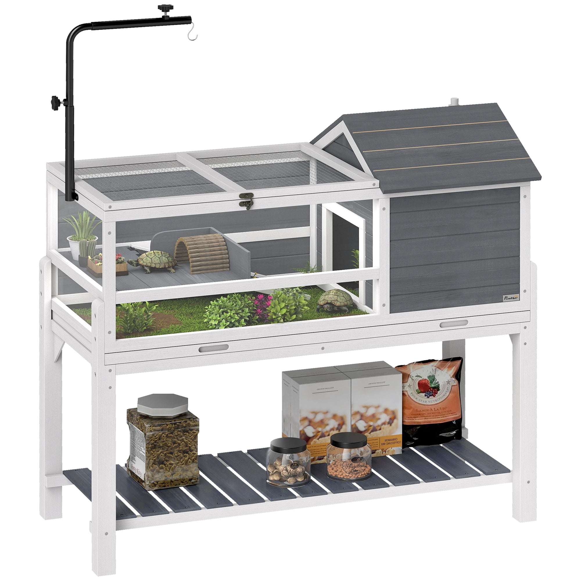 Wooden Turtle House – Elevated Reptile Terrarium with Adjustable Lamp Mount, Hinged Tops, Removable Tray & Storage Shelf