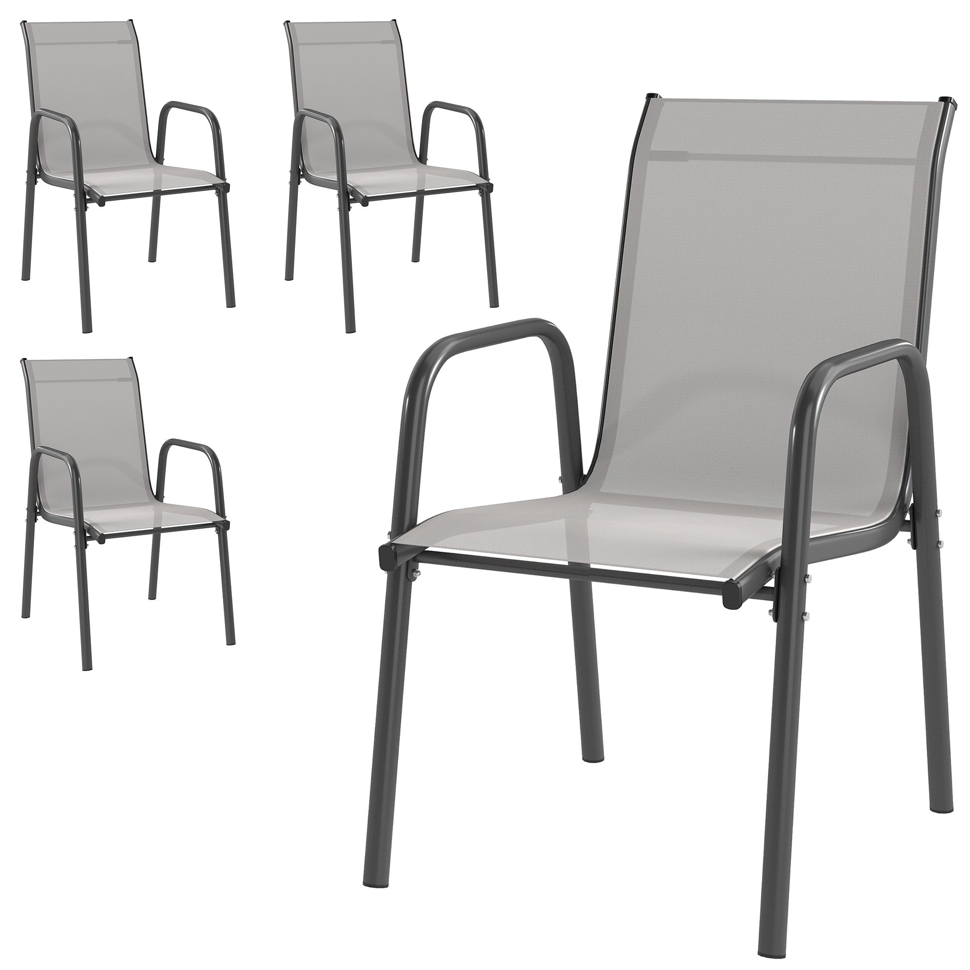 Garden Chairs 4-Piece Set — Stackable Patio Chairs with Breathable Backrest, Armrests, Weather-Resistant, 265 lb Capacity, Stackable for Garden/Balcony/Terrace — 20.1 x 27.2 x 34.3 in — Light Gray