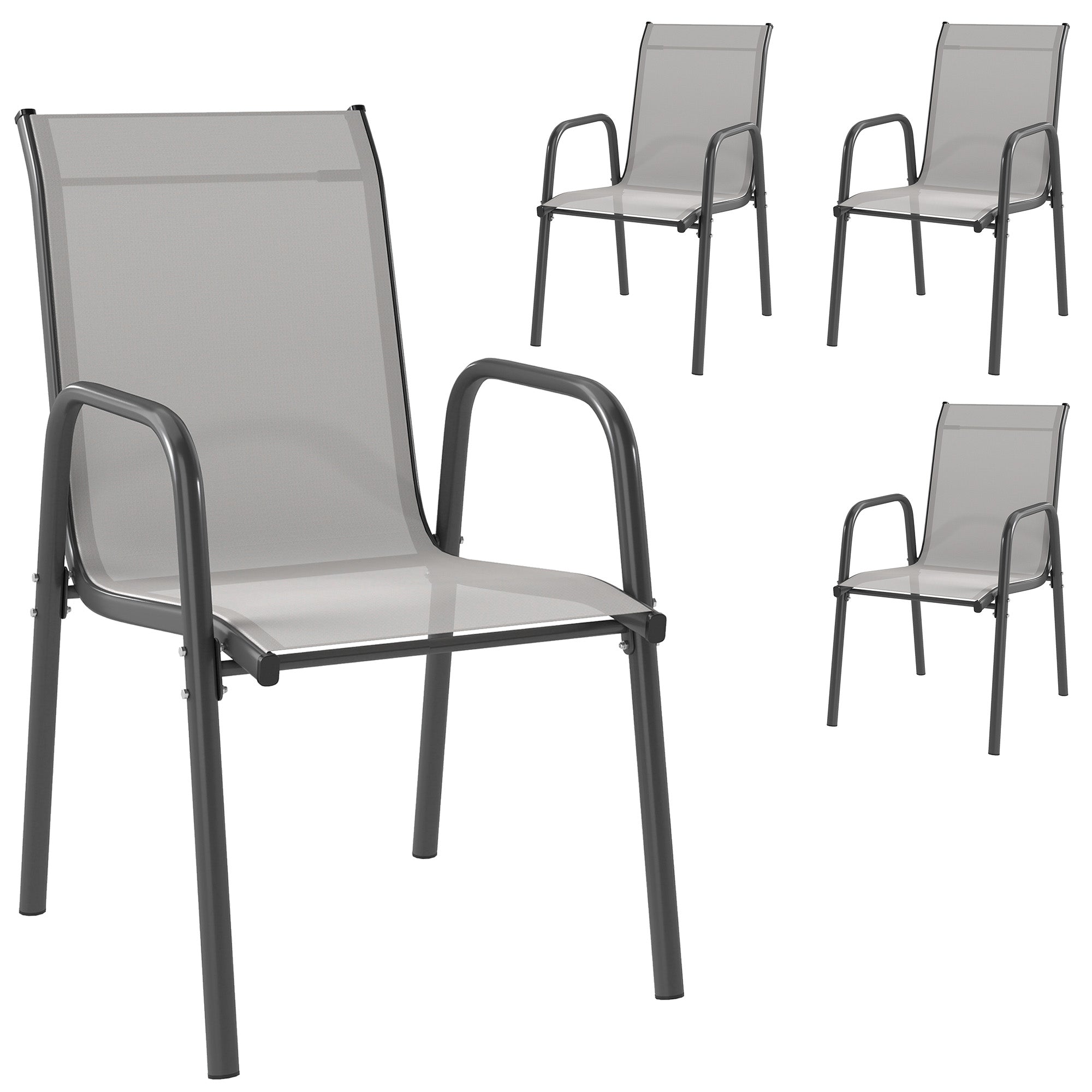 Garden Chairs 4-Piece Set — Stackable Patio Chairs with Breathable Backrest, Armrests, Weather-Resistant, 265 lb Capacity, Stackable for Garden/Balcony/Terrace — 20.1 x 27.2 x 34.3 in — Light Gray
