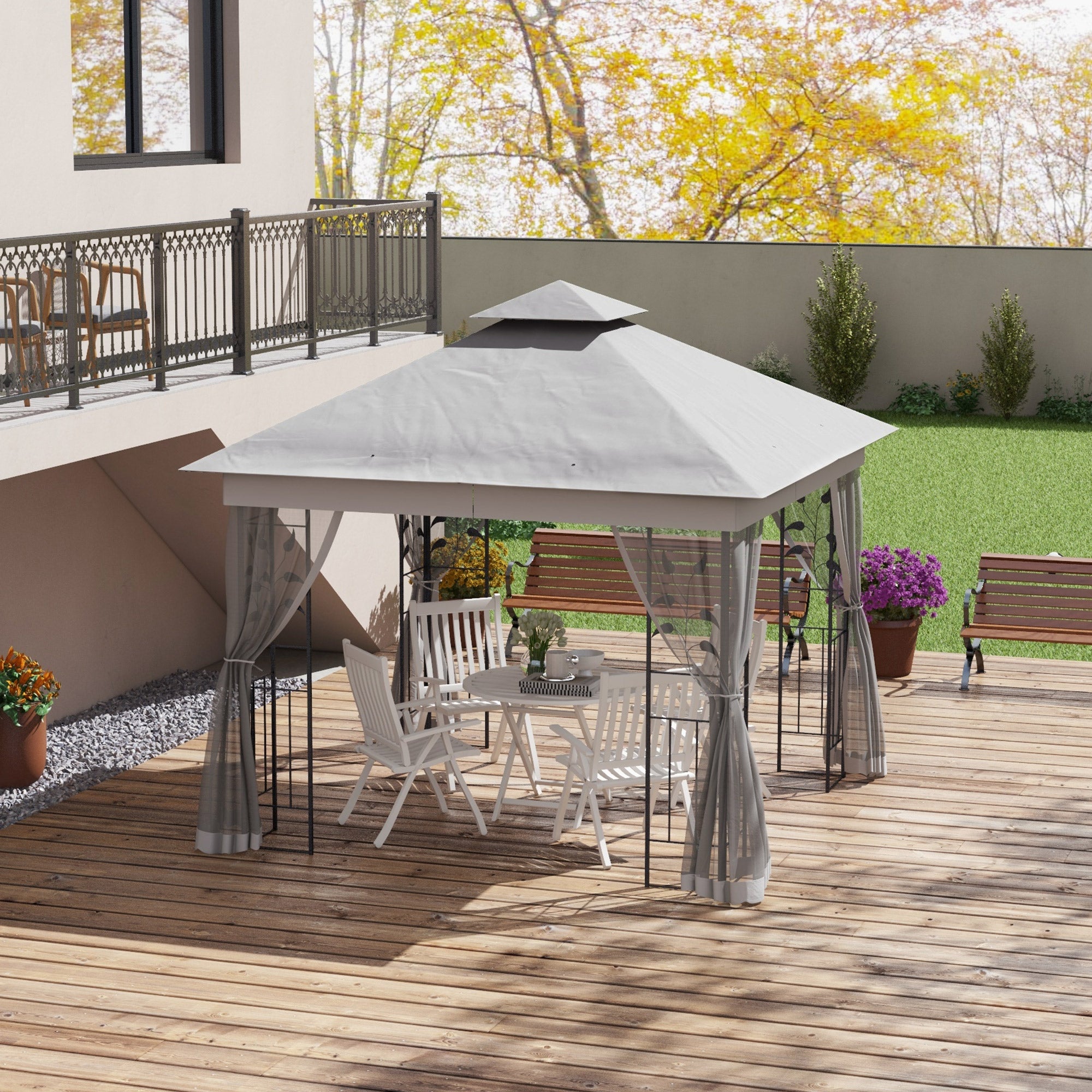 3 x 3 m Double-Roof Gazebo — Water-Repellent, Sturdy, Winter-Resistant Garden Gazebo with Mosquito Net, Steel Frame, Light Gray