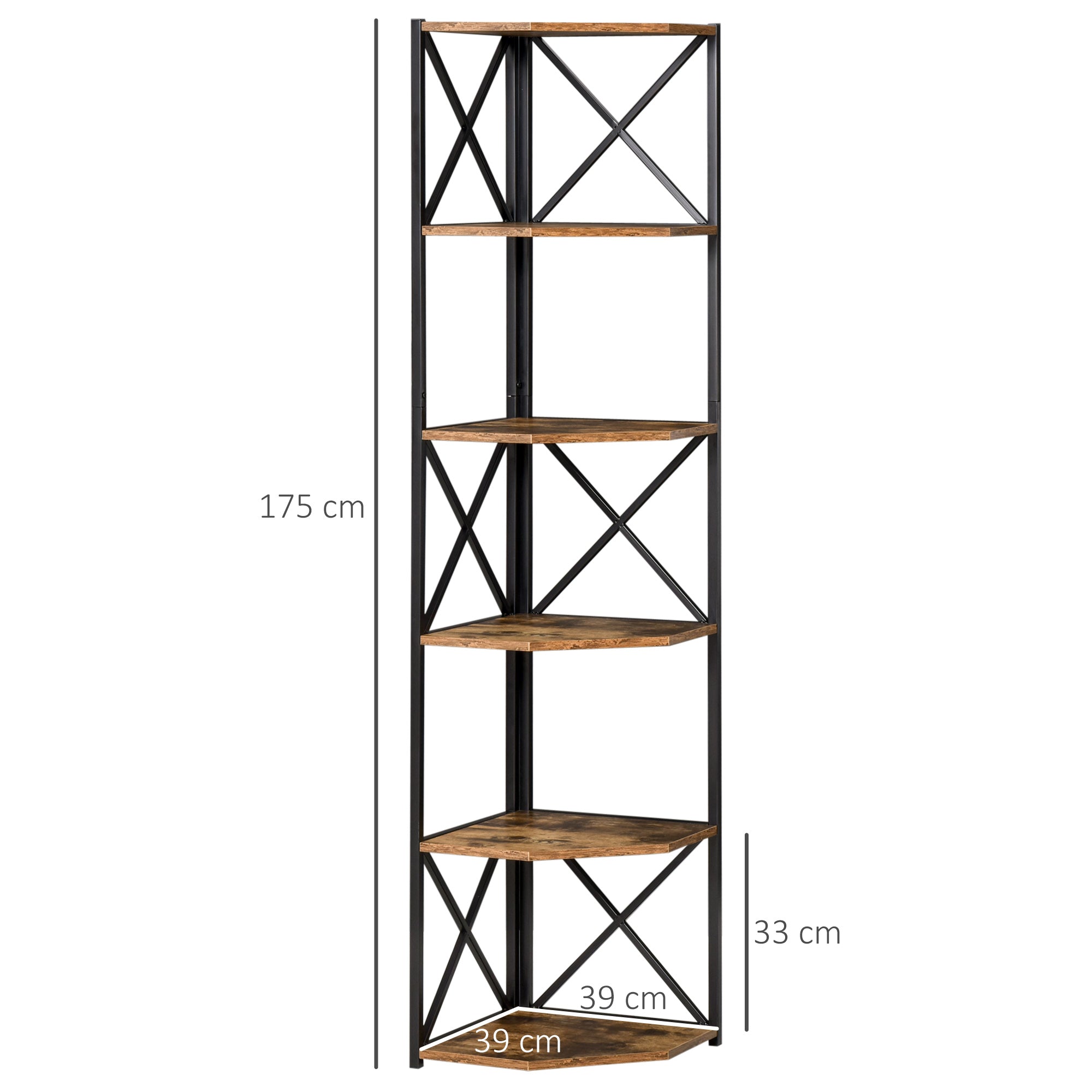Wall-Mounted Corner Bookcase, Industrial Style Shelf in Wood and Metal with 5 Shelves, 39x39x175cm, Rustic Brown