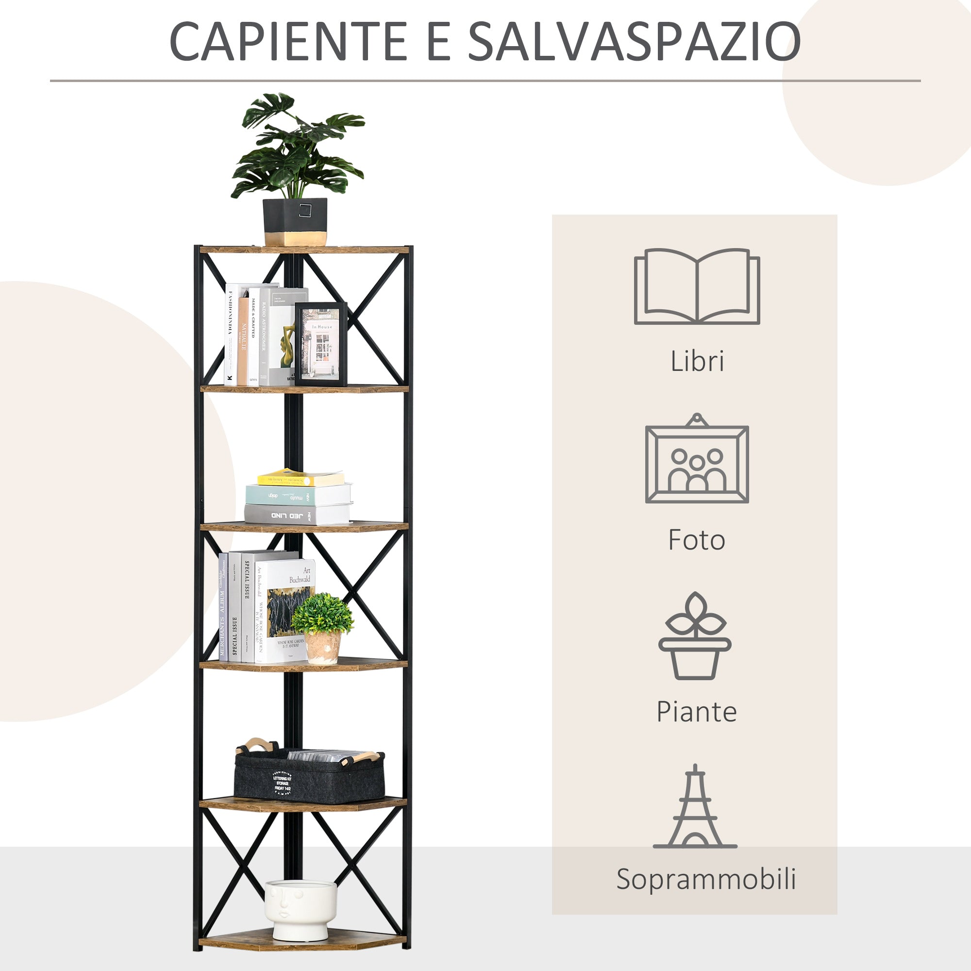 Wall-Mounted Corner Bookcase, Industrial Style Shelf in Wood and Metal with 5 Shelves, 39x39x175cm, Rustic Brown