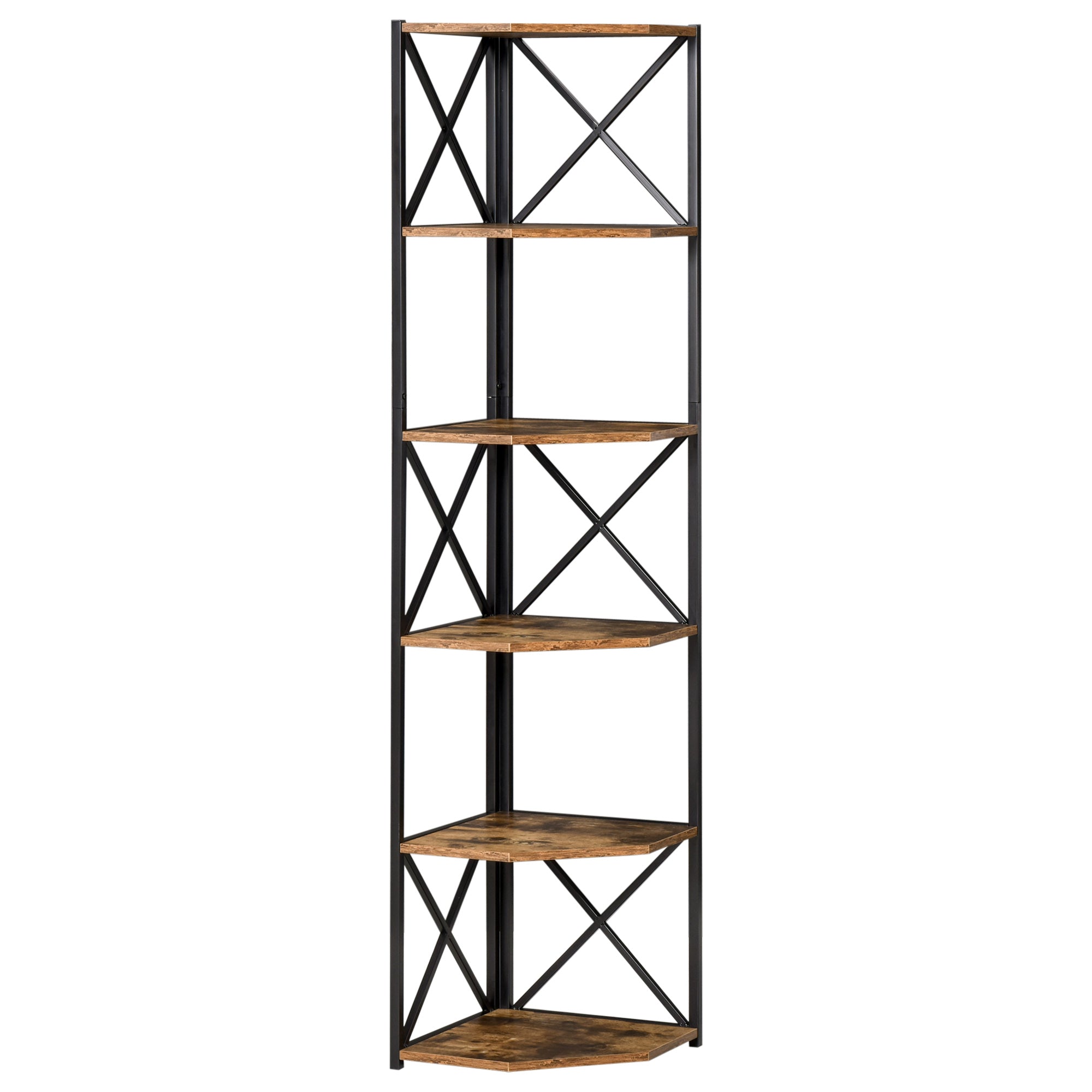 Wall-Mounted Corner Bookcase, Industrial Style Shelf in Wood and Metal with 5 Shelves, 39x39x175cm, Rustic Brown