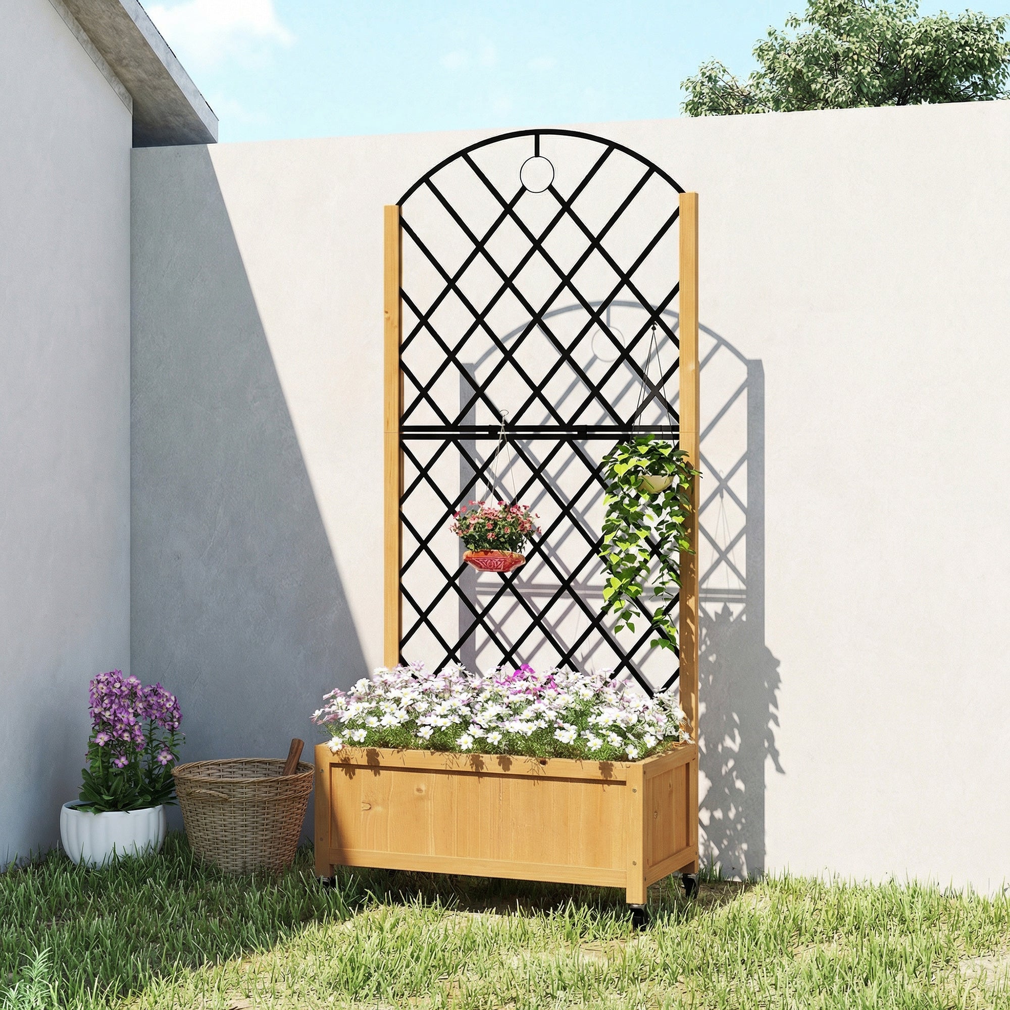 Raised Wooden Planter with Trellis & Wheels, 72 x 36 x 168 cm (28.3 x 14.2 x 66.1 in)