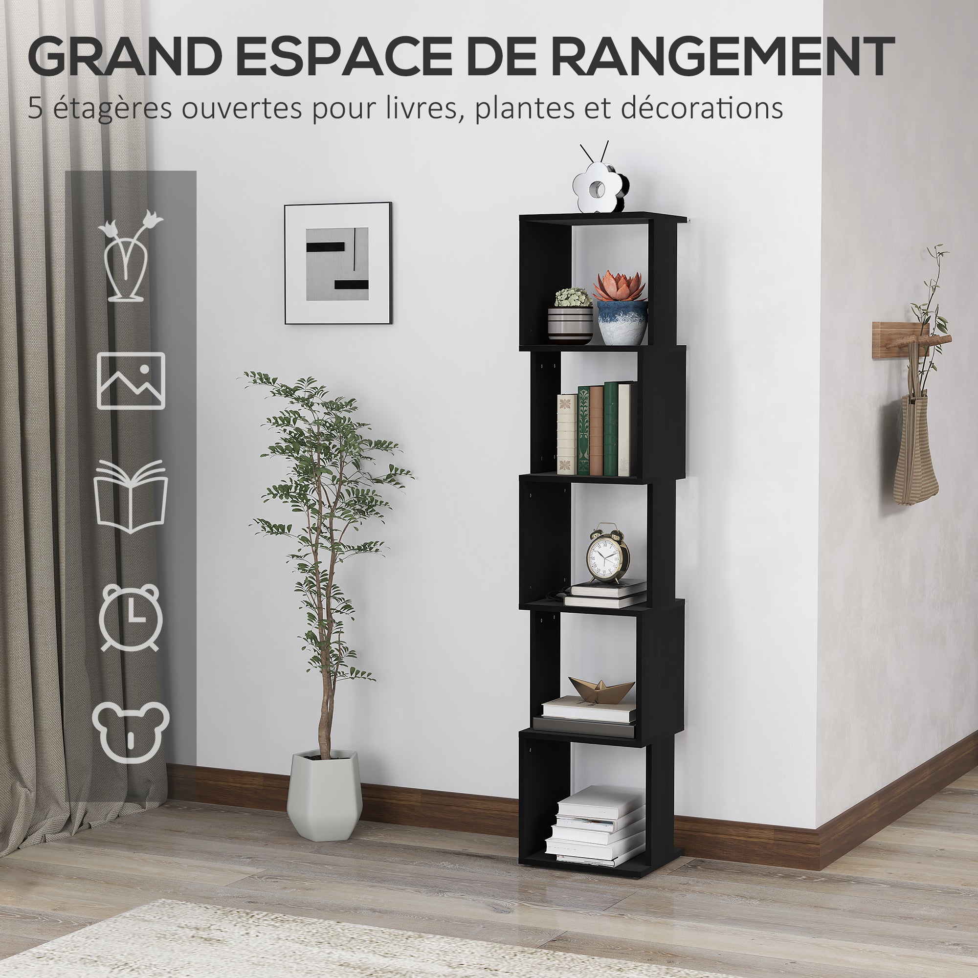 5-Tier Wooden Bookshelf Storage Shelf, Cube Storage Shelf for Living Room, Home Office, 33 x 28 x 161 cm, Black