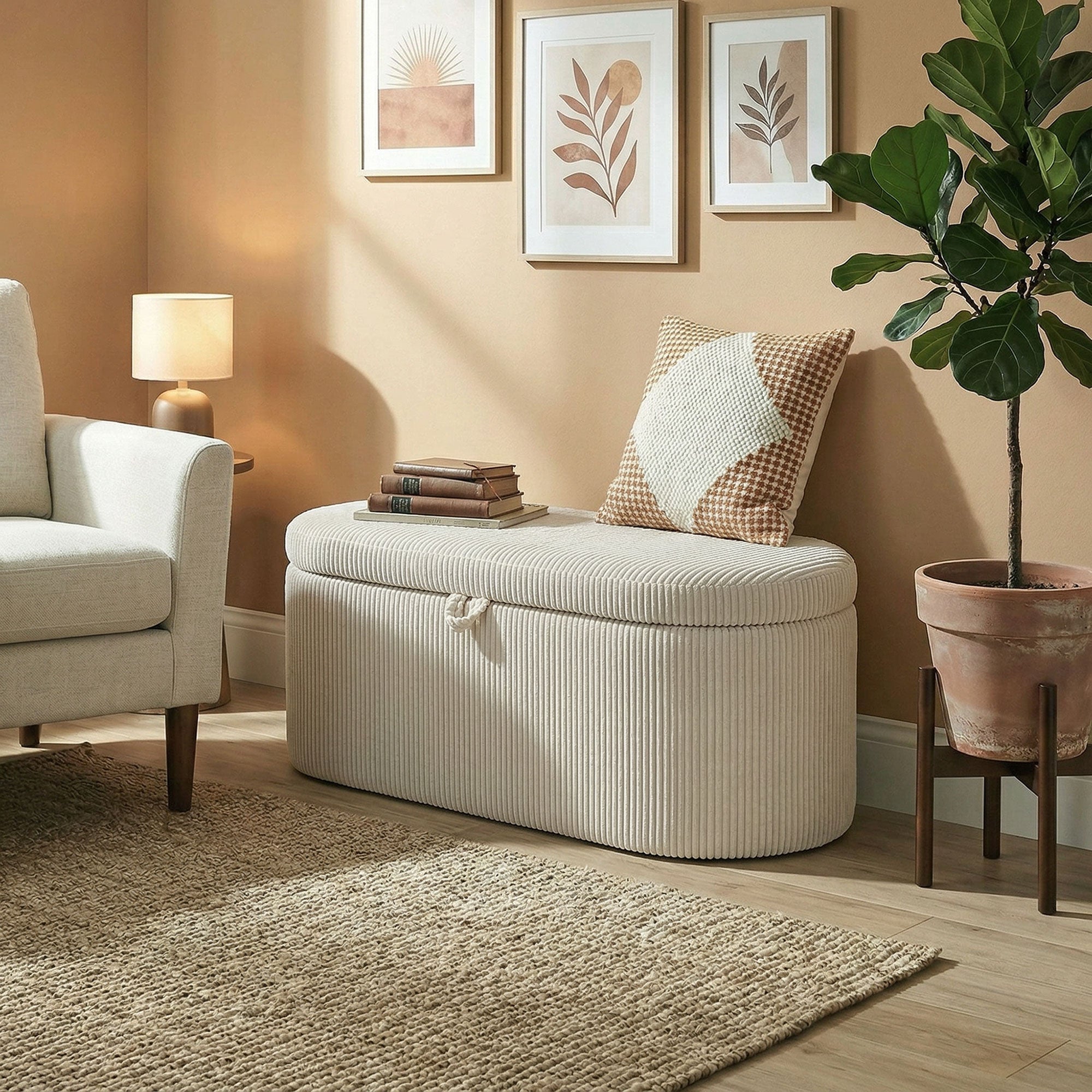 Upholstered Storage Bench with Corduroy Stripe – 41.3 x 20.1 x 19.3 in, Hidden Storage Ottoman, 441 lb Capacity, Beige