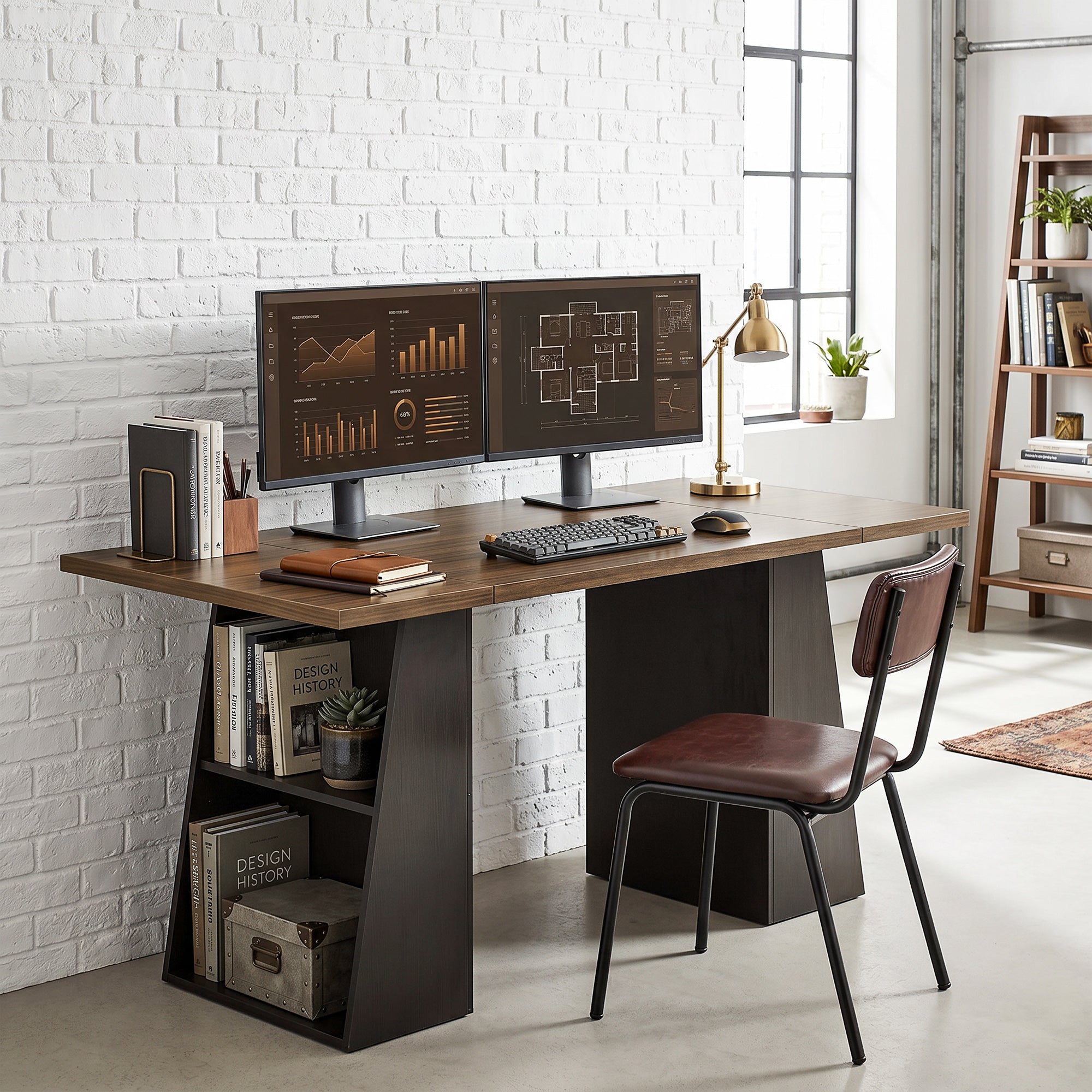 55.1 in (140 cm) Computer Desk with 4 Open Shelves & Trapezoid Metal Frame — Brown Woodgrain / Black