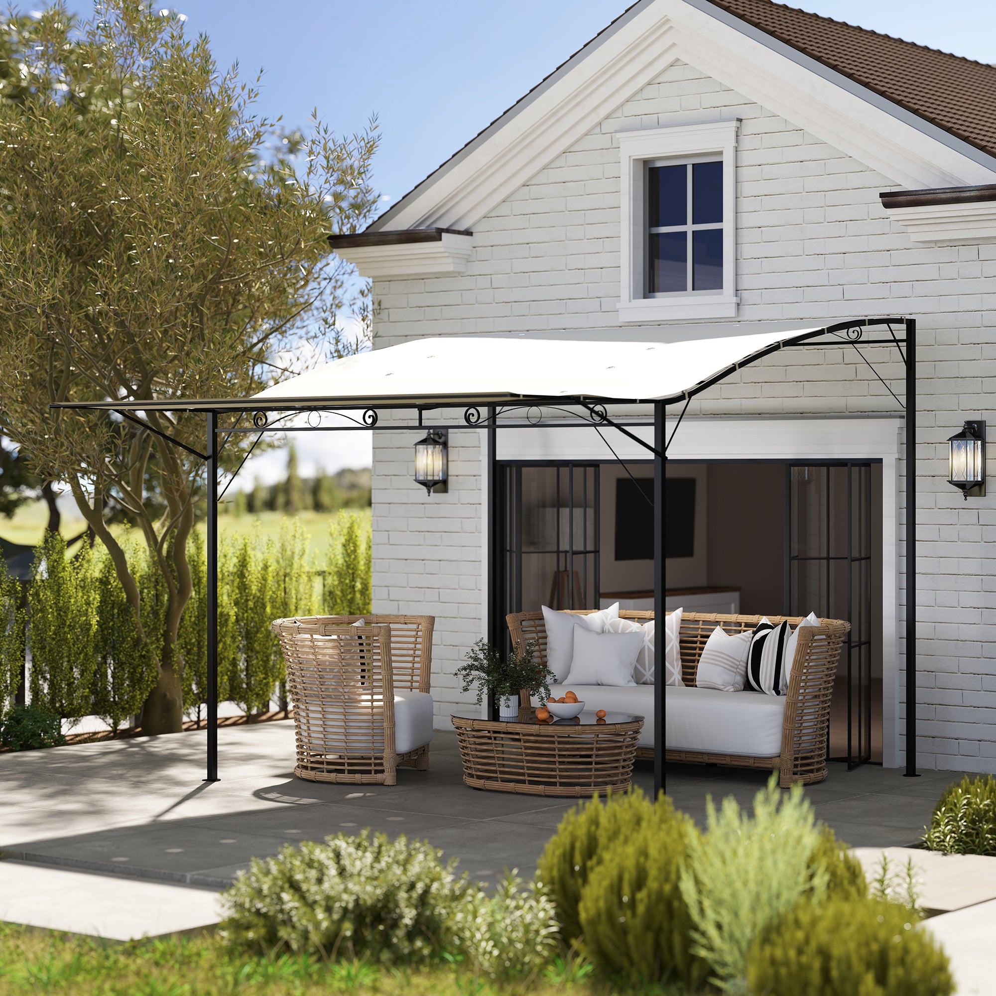 Pergola Pavilion 3x2.5m Steel Water Resistant Sun Protection with Adjustable Roof Wall Mounting Garden Pavilion Freestanding Patio Cover Canopy for Garden Balcony Cream White