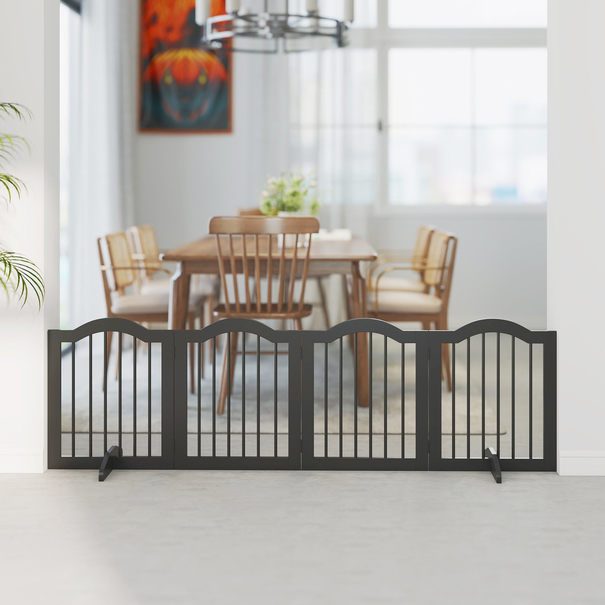 4-Panel Folding Dog Gate with Walk-Through Door, 81.9 x 24 in, Freestanding with 2 Support Feet, for Stairs/Kitchen/Hallway, Black