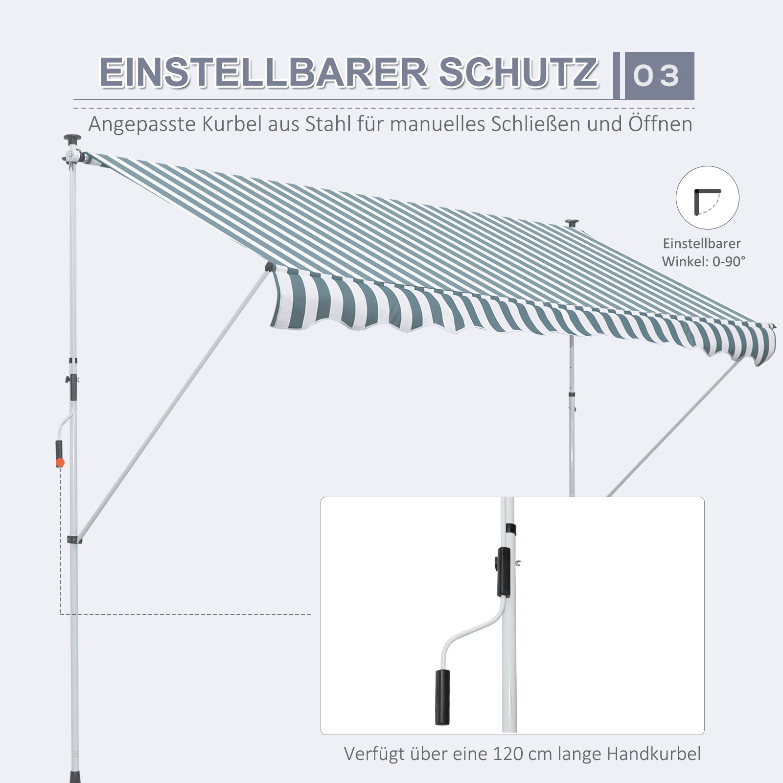 Clamp Awning with Hand Crank, Height Adjustable, Jointed Arm Awning, Dirt-Repellent, Weather-Resistant, Balcony Awning 150cm Wide, Terrace Awning for Terrace, Balcony, Porch Green+White