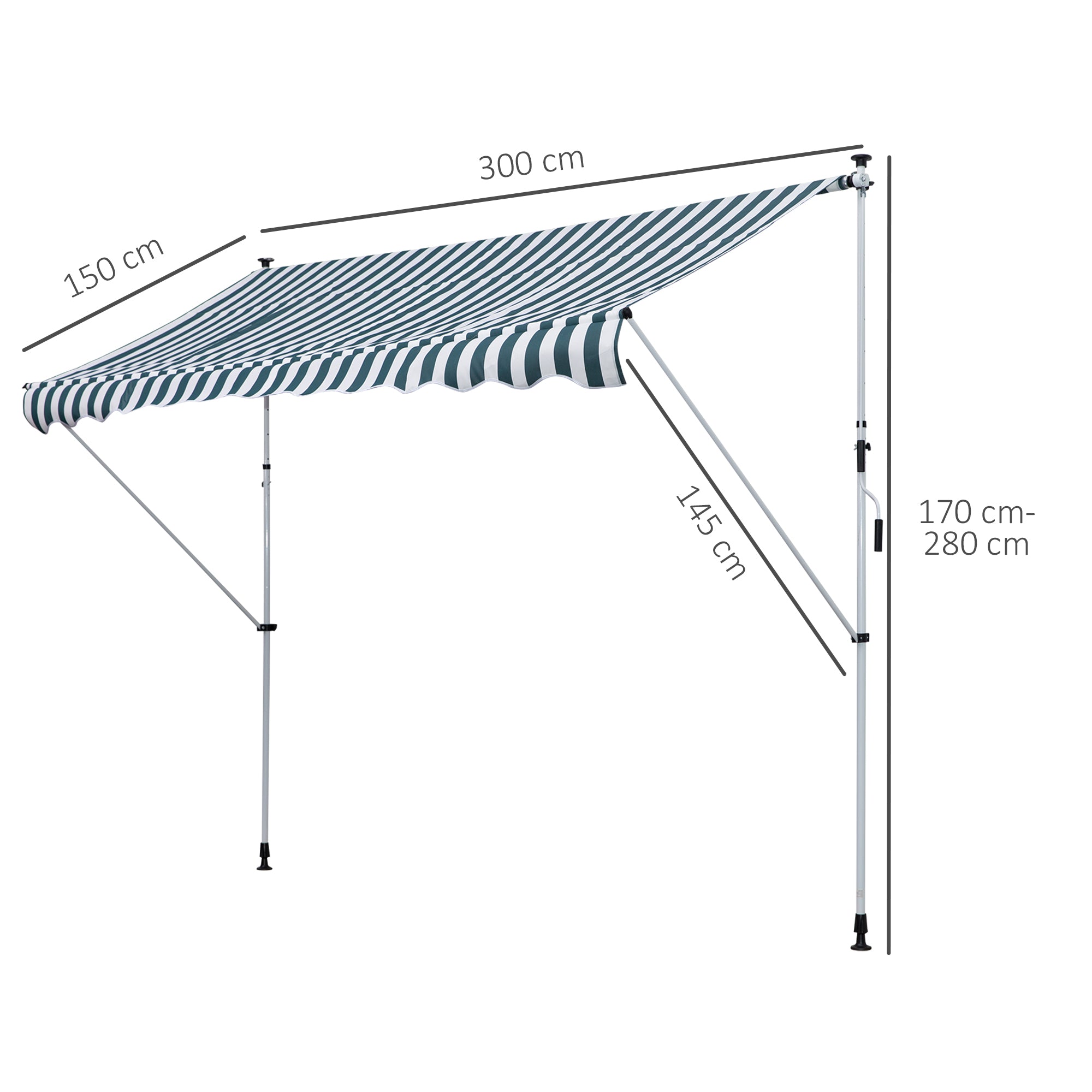 Clamp Awning with Hand Crank, Height Adjustable, Jointed Arm Awning, Dirt-Repellent, Weather-Resistant, Balcony Awning 150cm Wide, Terrace Awning for Terrace, Balcony, Porch Green+White